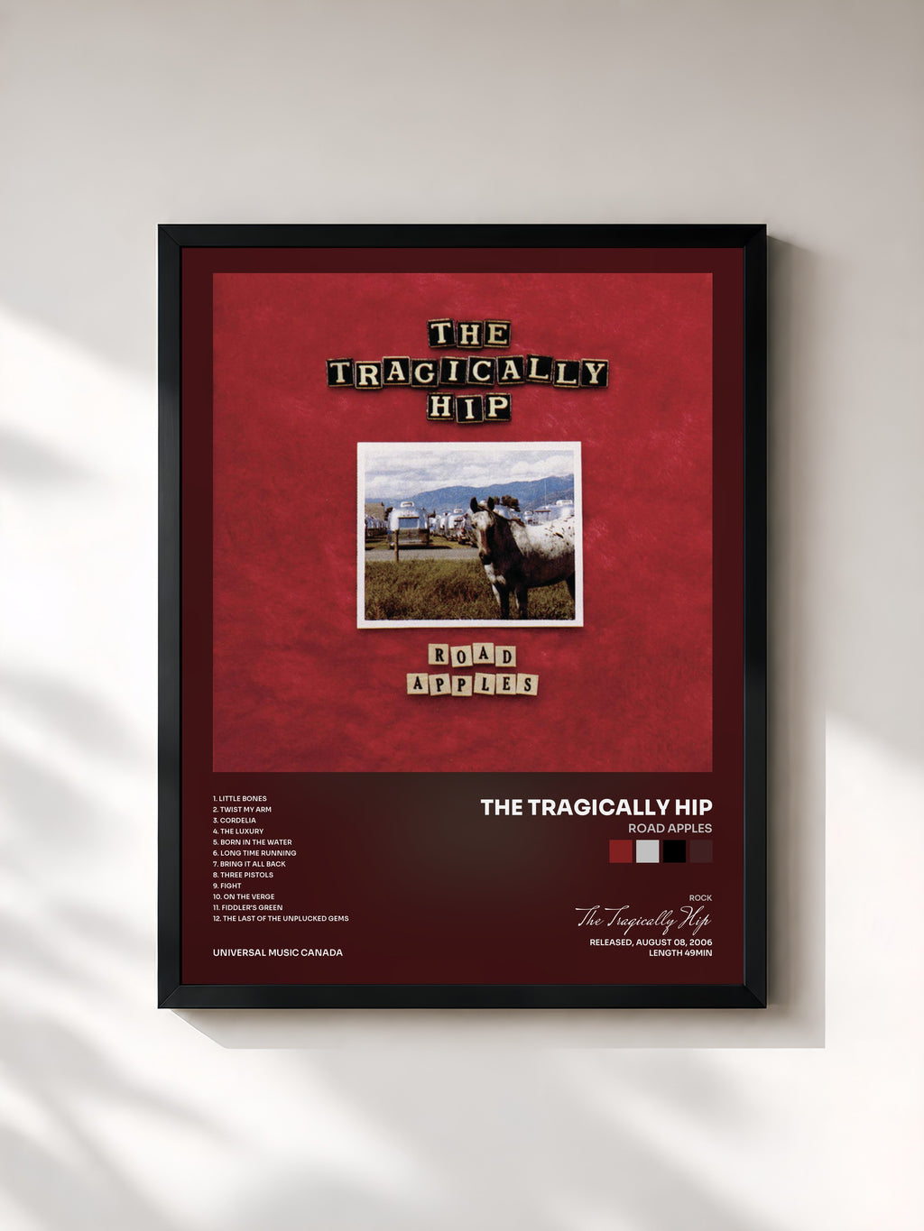 #noir Tableau de l'album Road Apples de The Tragically Hip, cadre noir, imprimé et encadré en France