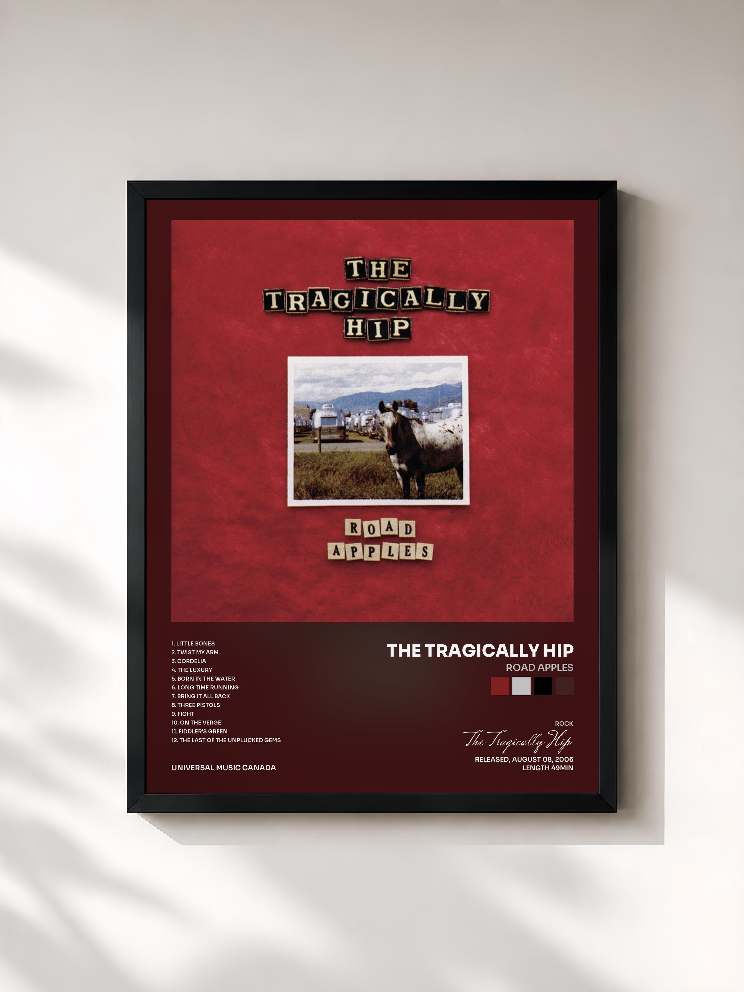 #noir Tableau de l'album Road Apples de The Tragically Hip, cadre noir, imprimé et encadré en France