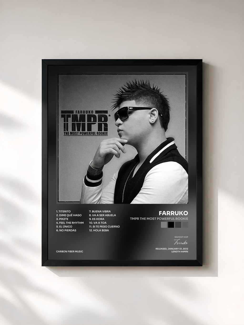 #noir Tableau de l'album TMPR The Most Powerful Rookie de Farruko, cadre noir, imprimé et encadré en France