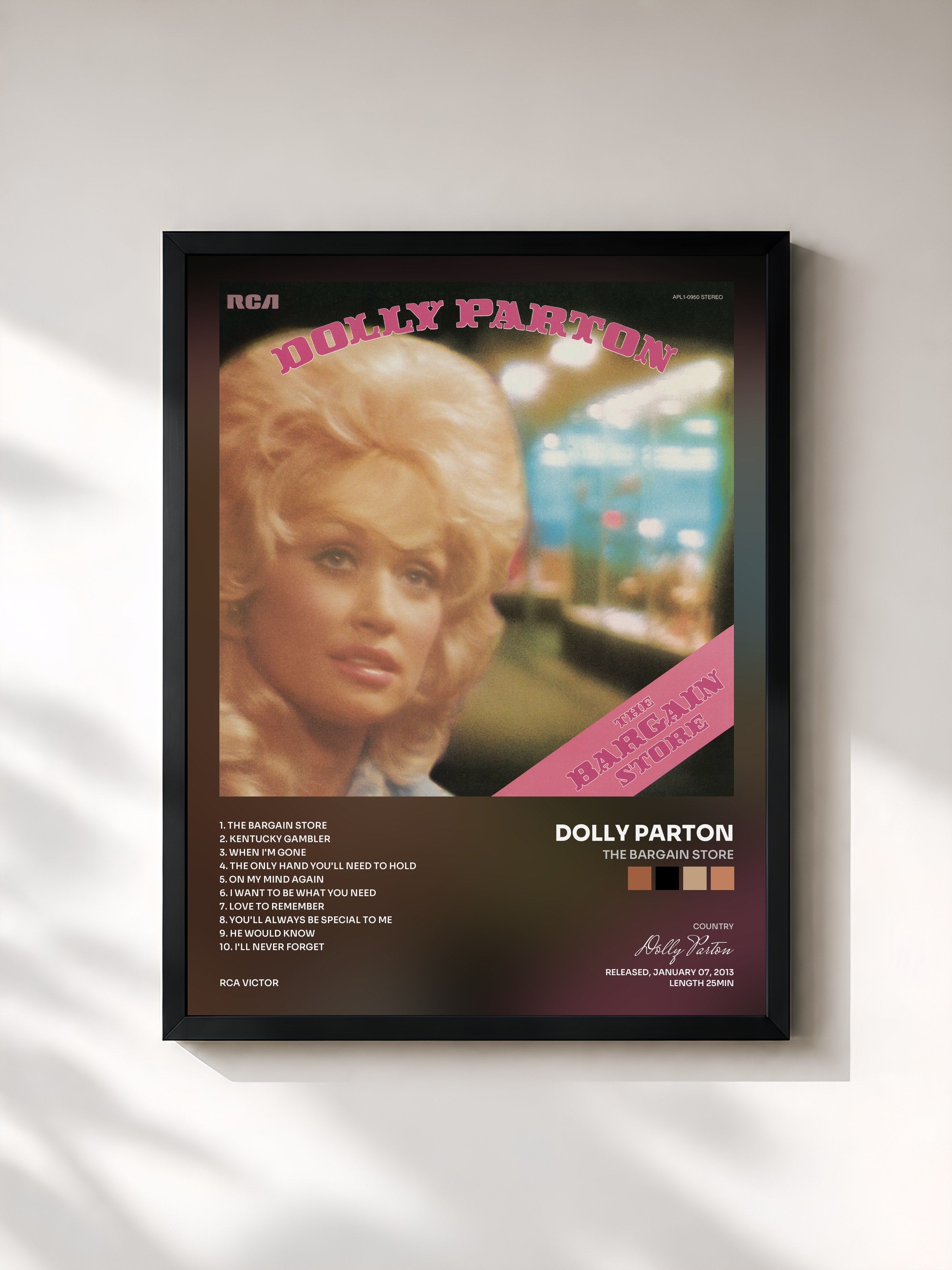 #noir Tableau de l'album The Bargain Store de Dolly Parton, cadre noir, imprimé et encadré en France