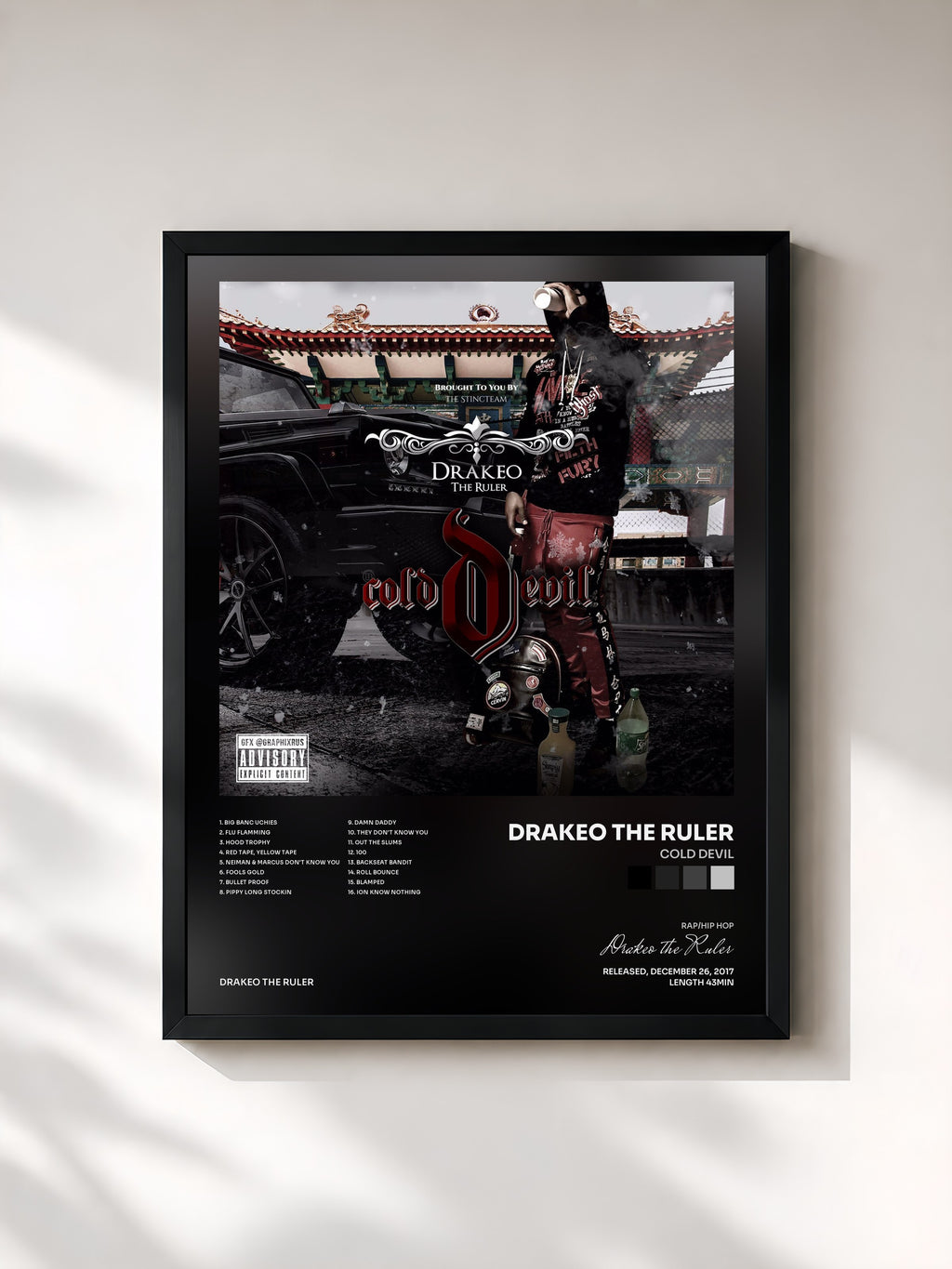 #noir Tableau de l'album Cold Devil de Drakeo the Ruler, cadre noir, imprimé et encadré en France