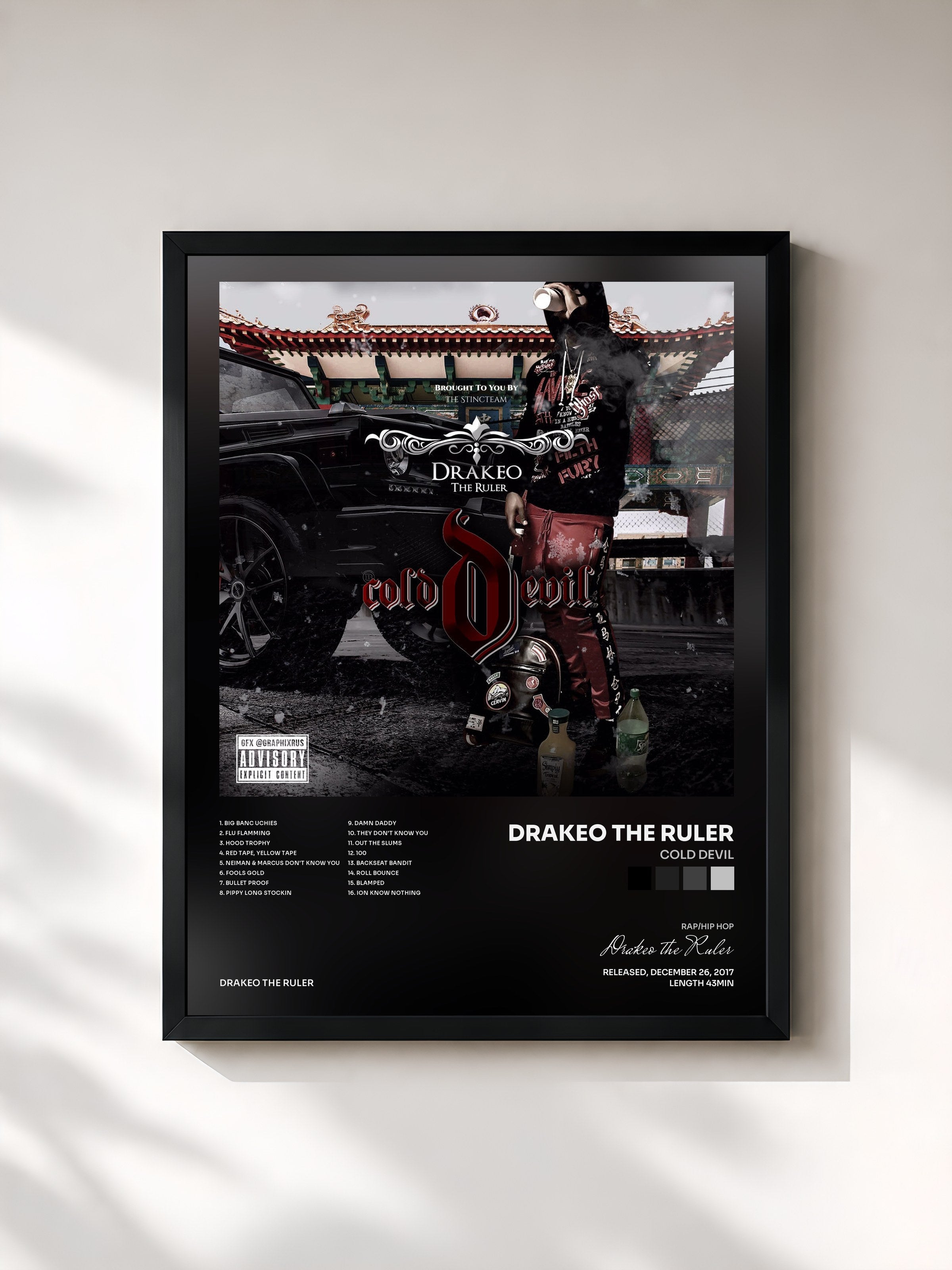 #noir Tableau de l'album Cold Devil de Drakeo the Ruler, cadre noir, imprimé et encadré en France