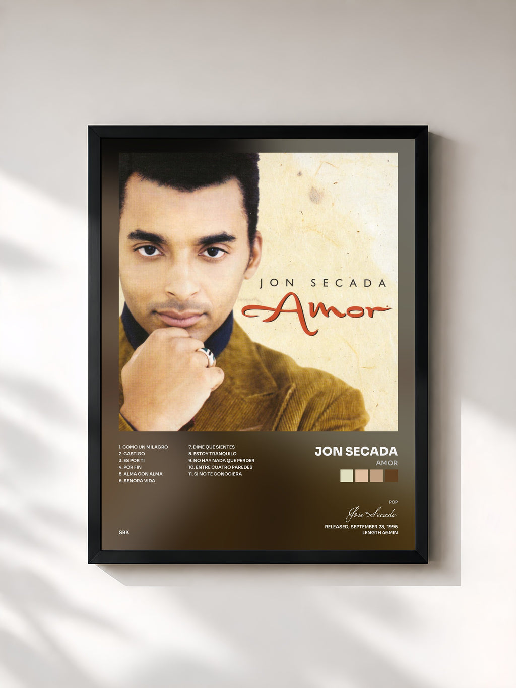 #noir Tableau de l'album Amor de Jon Secada, cadre noir, imprimé et encadré en France