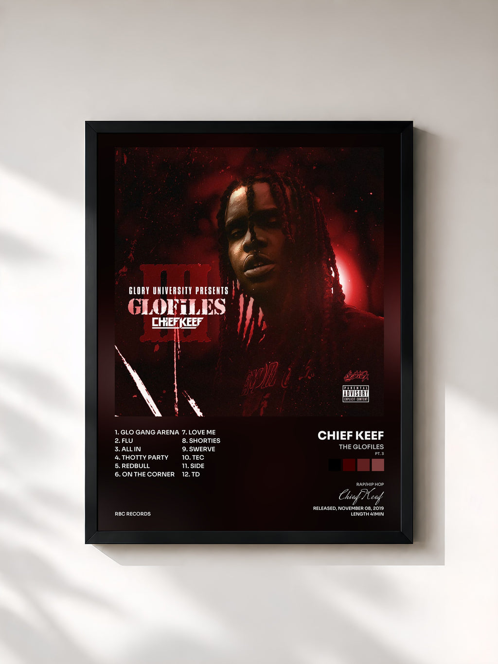 #noir Tableau de l'album The GloFiles (Pt. 3) de Chief Keef, cadre noir, imprimé et encadré en France