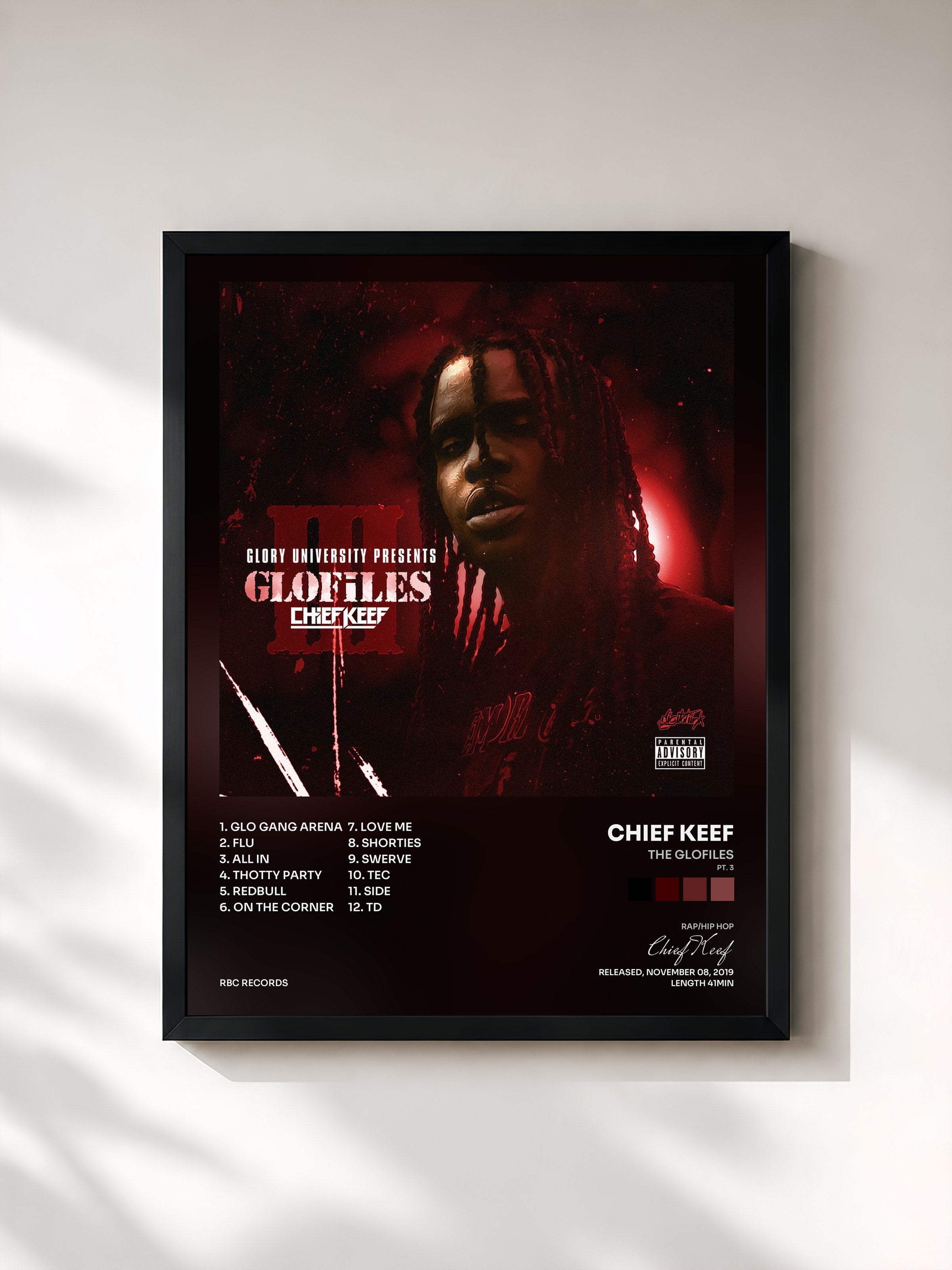 #noir Tableau de l'album The GloFiles (Pt. 3) de Chief Keef, cadre noir, imprimé et encadré en France