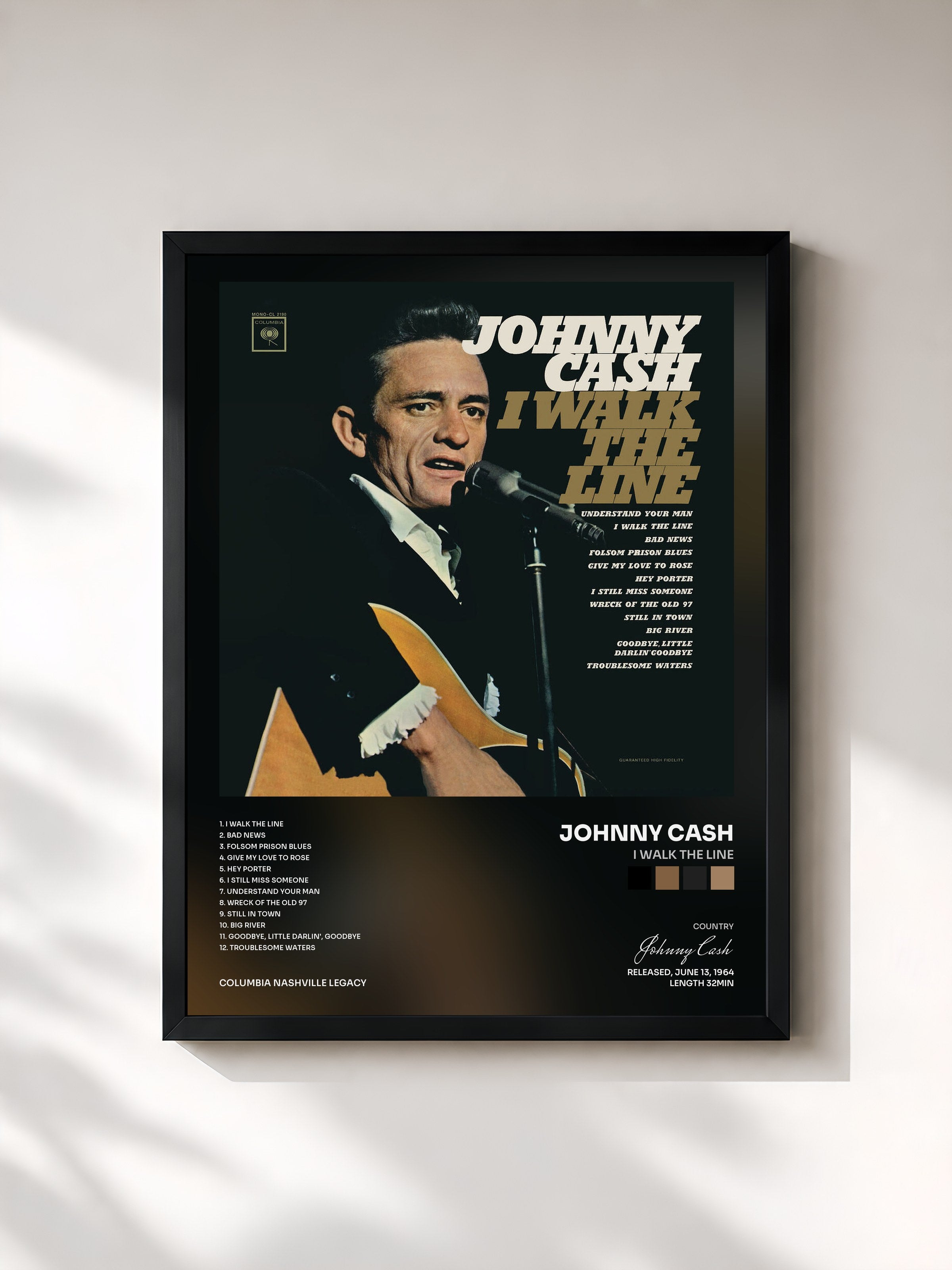 #noir Tableau de l'album I Walk the Line de Johnny Cash, cadre noir, imprimé et encadré en France