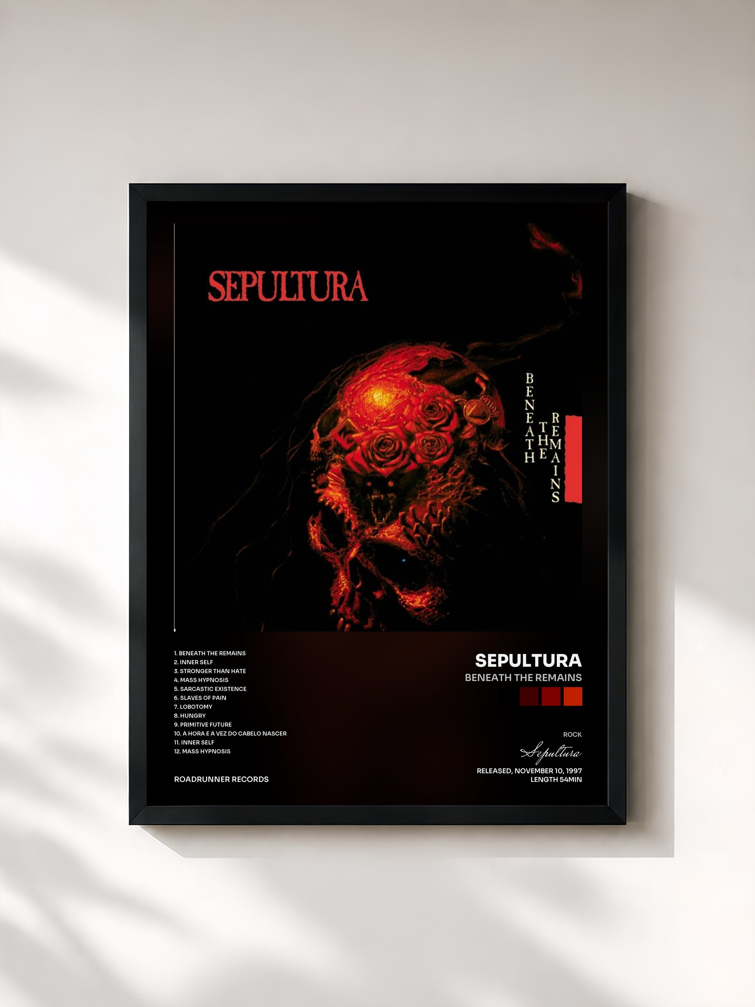 #noir Tableau de l'album Beneath the Remains de Sepultura, cadre noir, imprimé et encadré en France