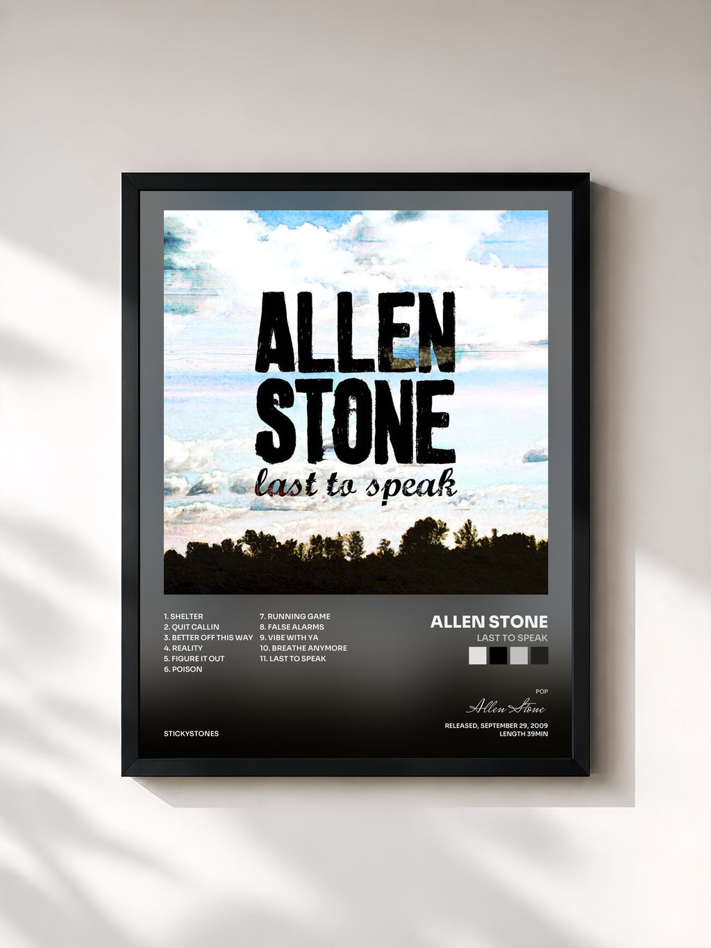 #noir Tableau de l'album Last to Speak de Allen Stone, cadre noir, imprimé et encadré en France