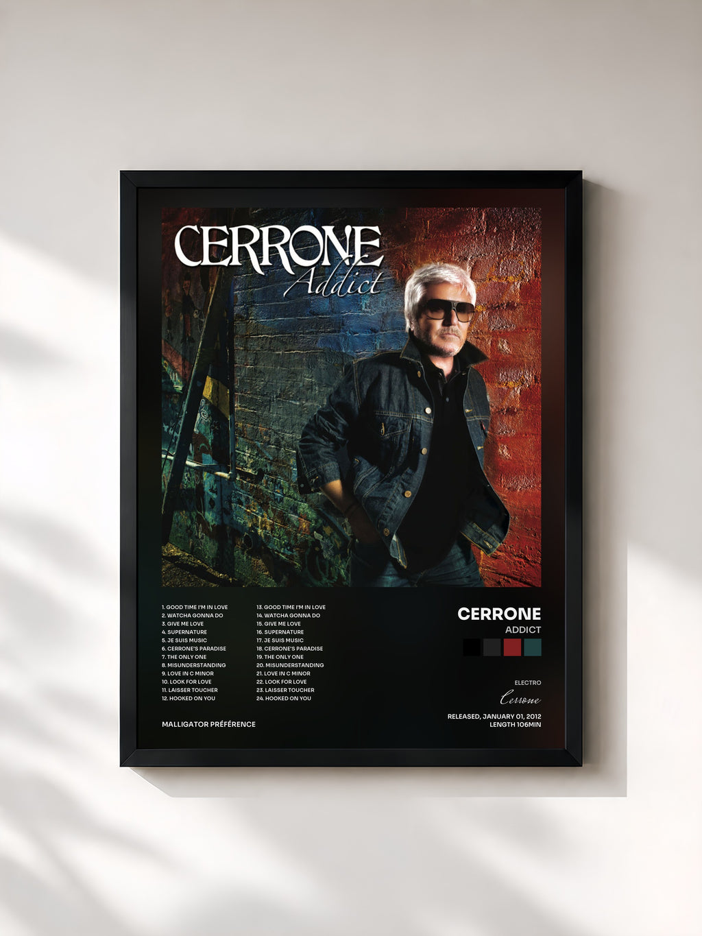 #noir Tableau de l'album Addict de Cerrone, cadre noir, imprimé et encadré en France