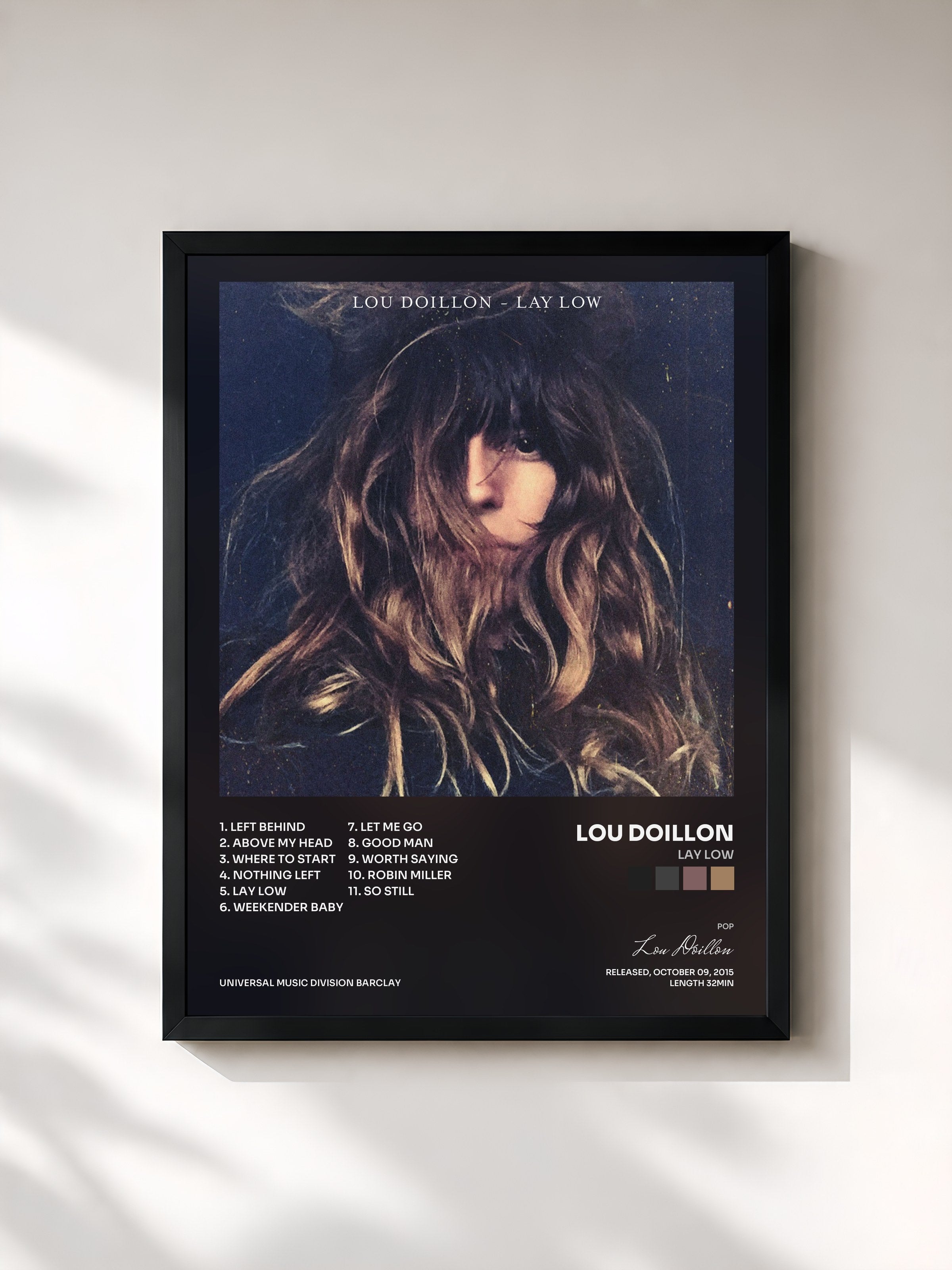 #noir Tableau de l'album Lay Low de Lou Doillon, cadre noir, imprimé et encadré en France