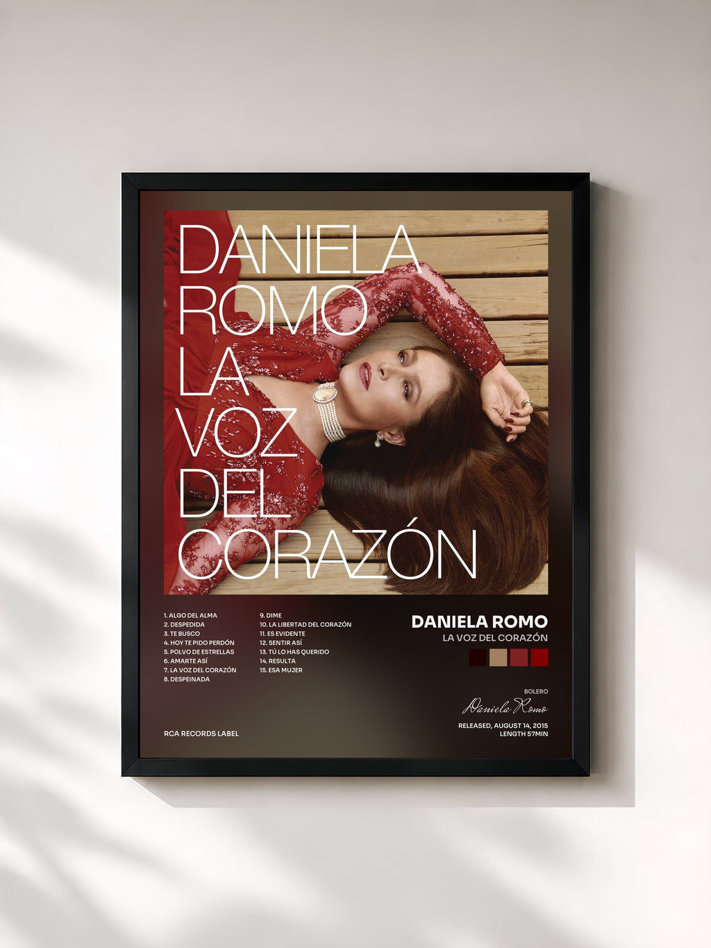 #noir Tableau de l'album La Voz del Corazón de Daniela Romo, cadre noir, imprimé et encadré en France