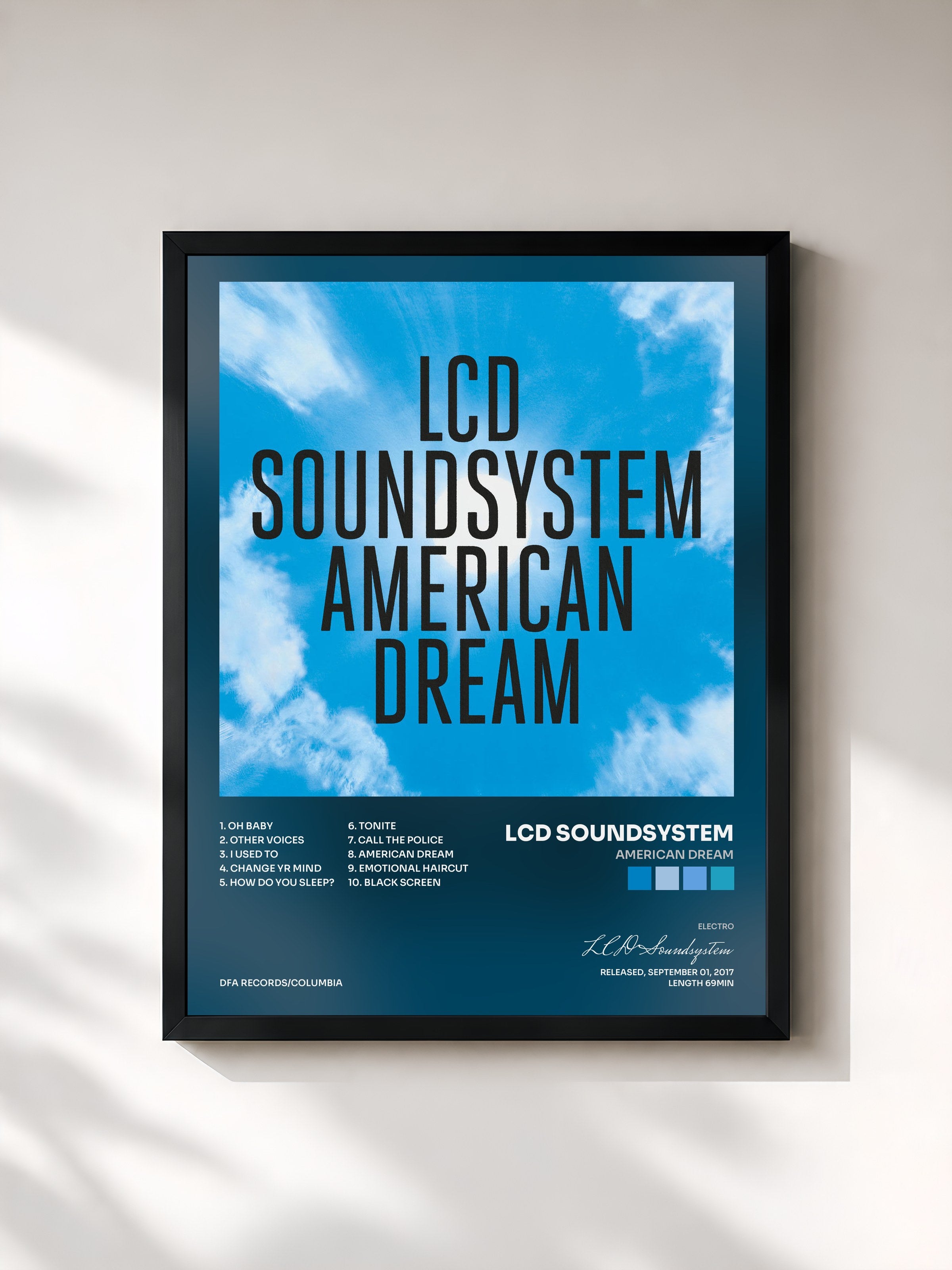 #noir Tableau de l'album american dream de LCD Soundsystem, cadre noir, imprimé et encadré en France