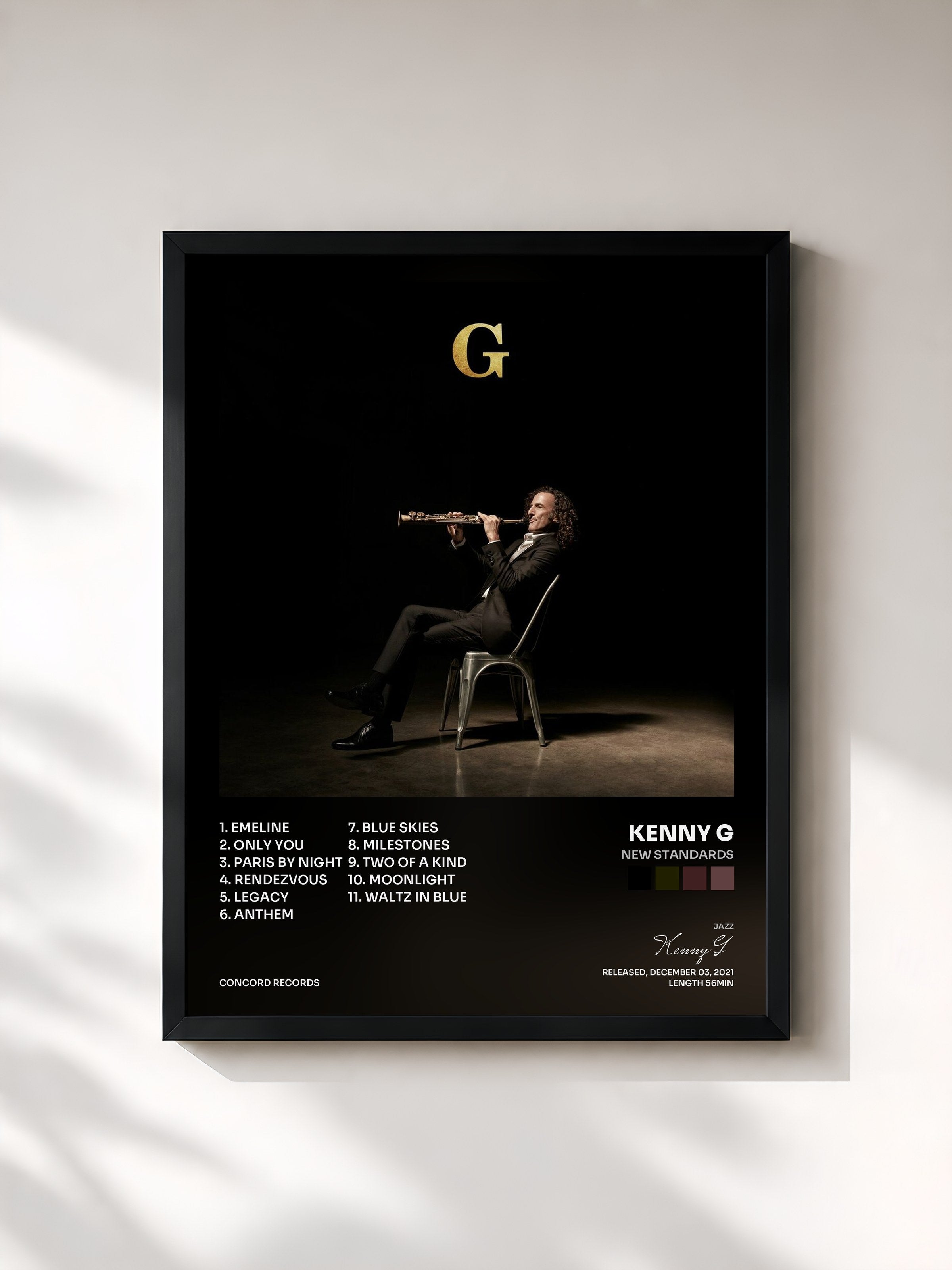 #noir Tableau de l'album New Standards de Kenny G, cadre noir, imprimé et encadré en France