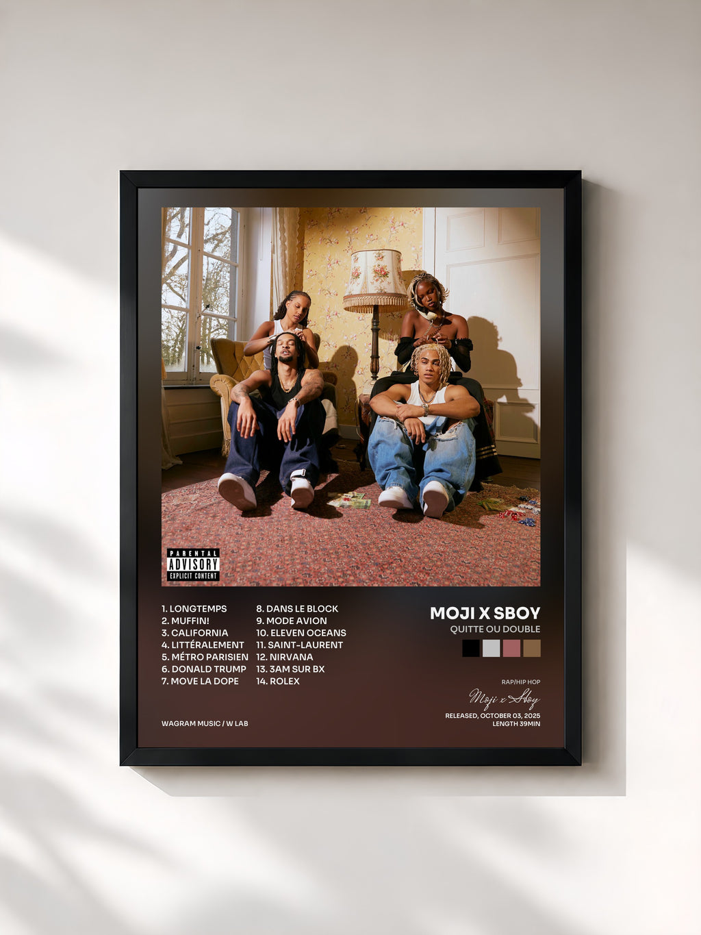#noir Tableau de l'album QUITTE OU DOUBLE de Moji x Sboy, cadre noir, imprimé et encadré en France