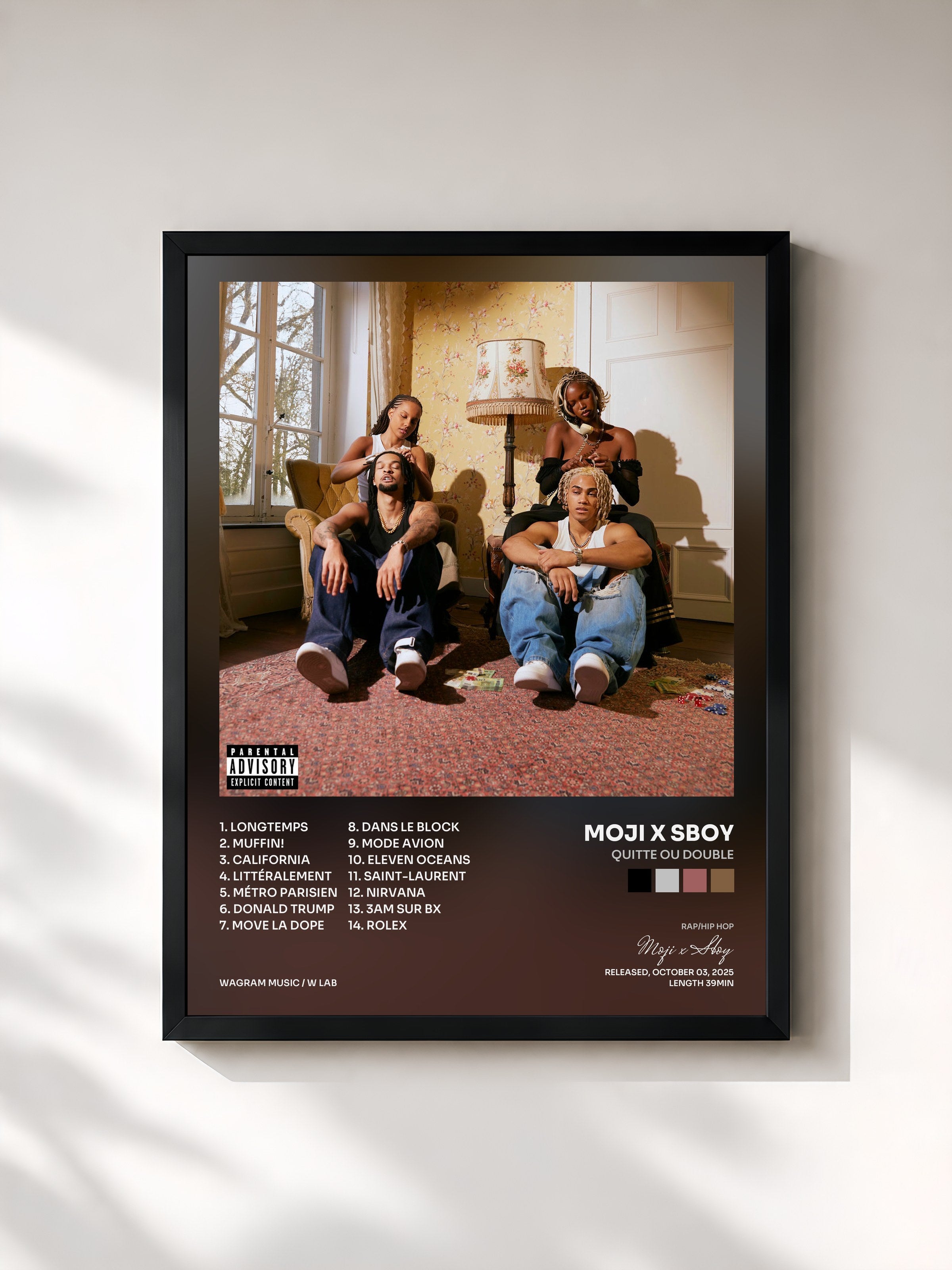 #noir Tableau de l'album QUITTE OU DOUBLE de Moji x Sboy, cadre noir, imprimé et encadré en France