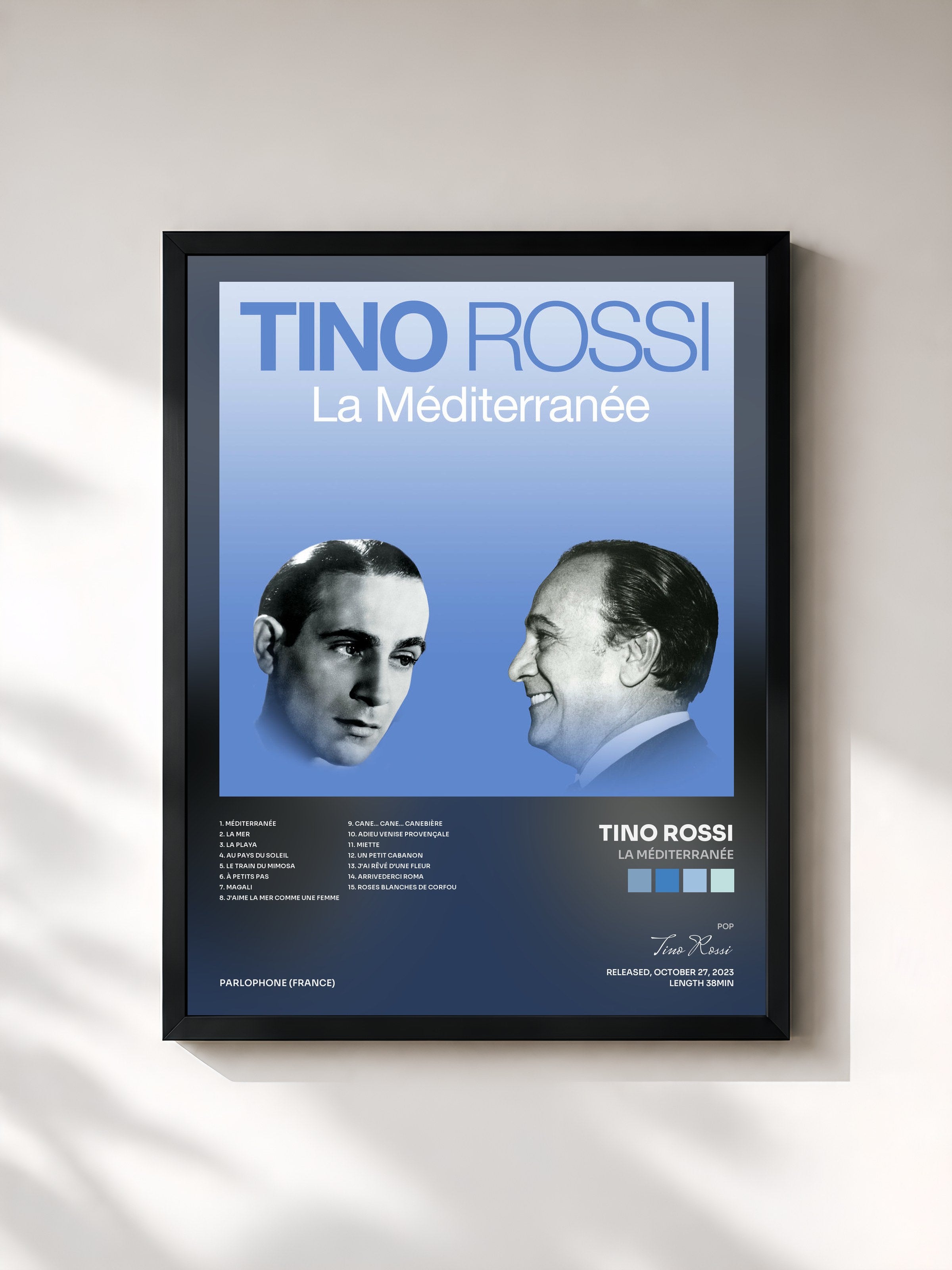 #noir Tableau de l'album La Méditerranée de Tino Rossi, cadre noir, imprimé et encadré en France