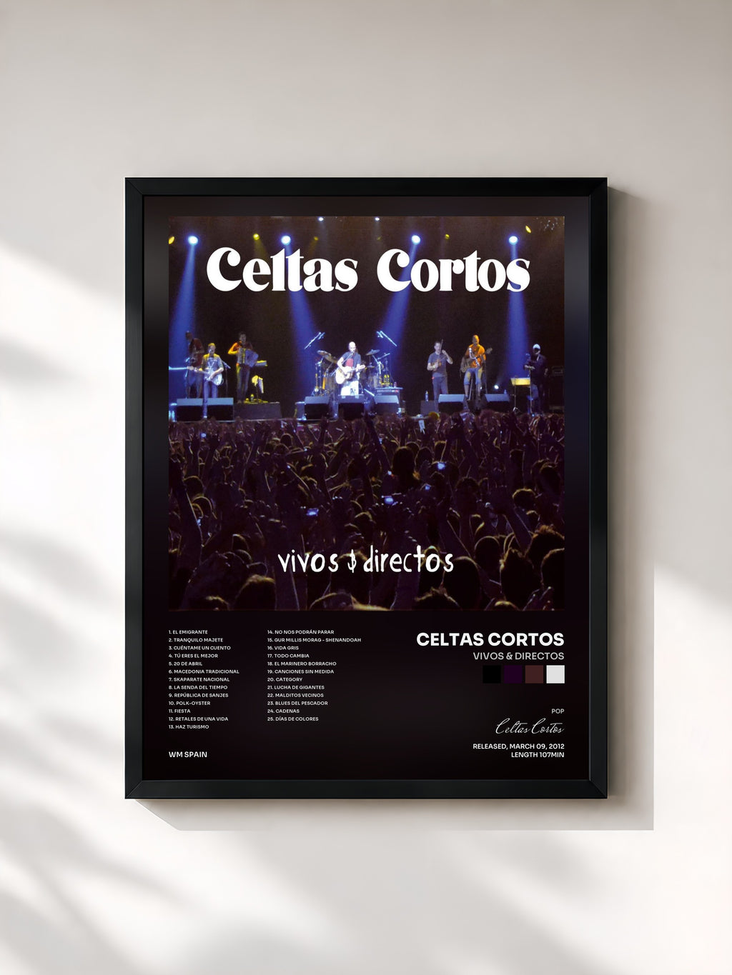 #noir Tableau de l'album Vivos & directos de Celtas Cortos, cadre noir, imprimé et encadré en France