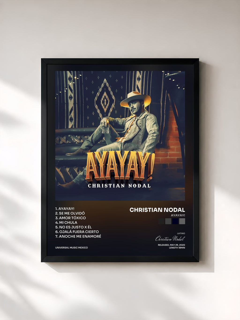 #noir Tableau de l'album AYAYAY! de Christian Nodal, cadre noir, imprimé et encadré en France