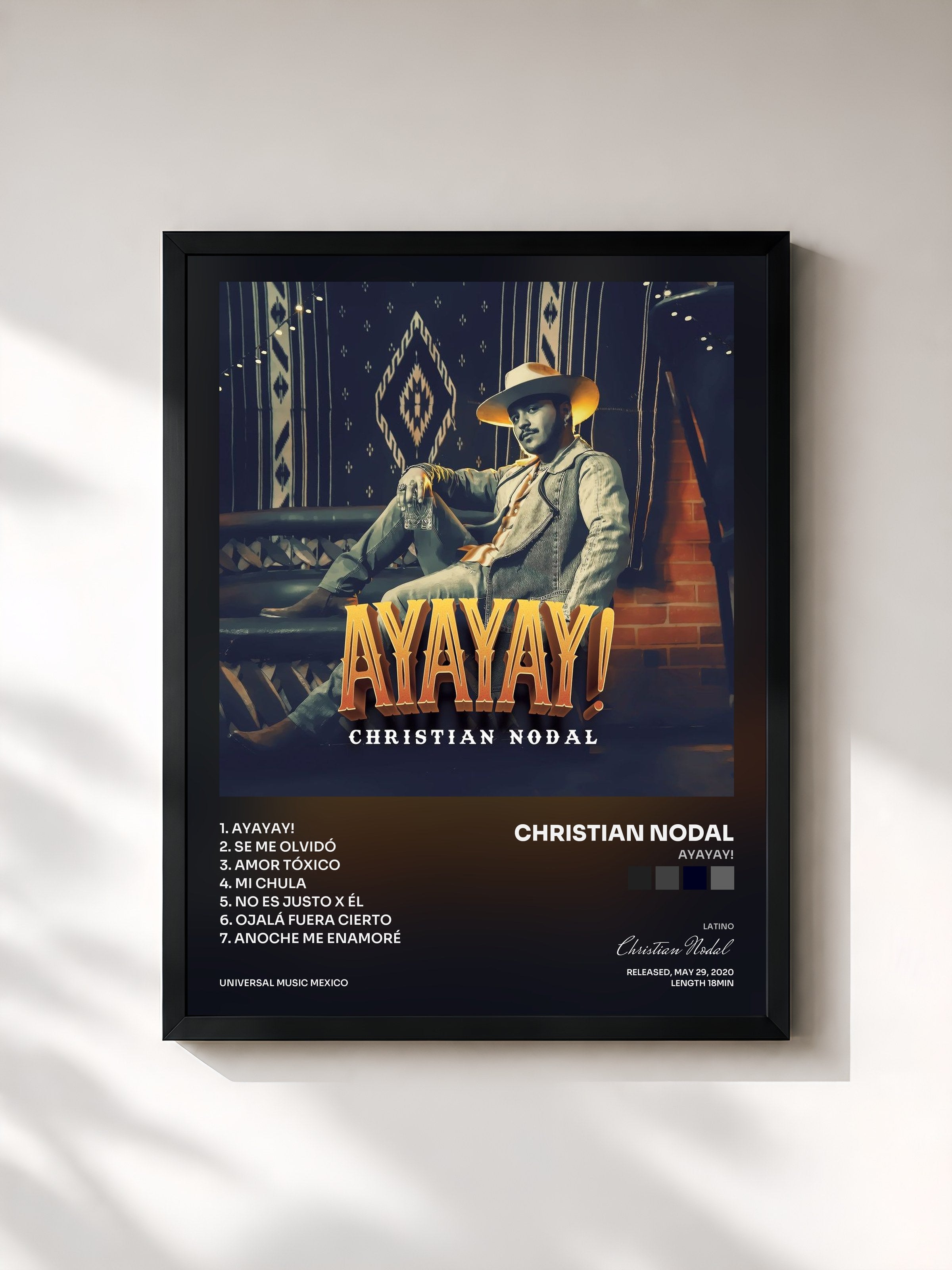 #noir Tableau de l'album AYAYAY! de Christian Nodal, cadre noir, imprimé et encadré en France