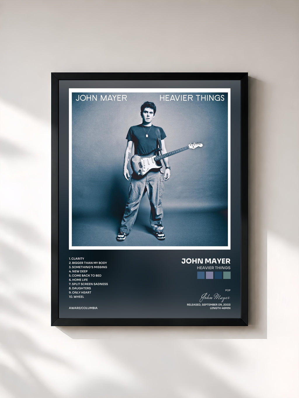 #noir Tableau de l'album Heavier Things de John Mayer, cadre noir, imprimé et encadré en France