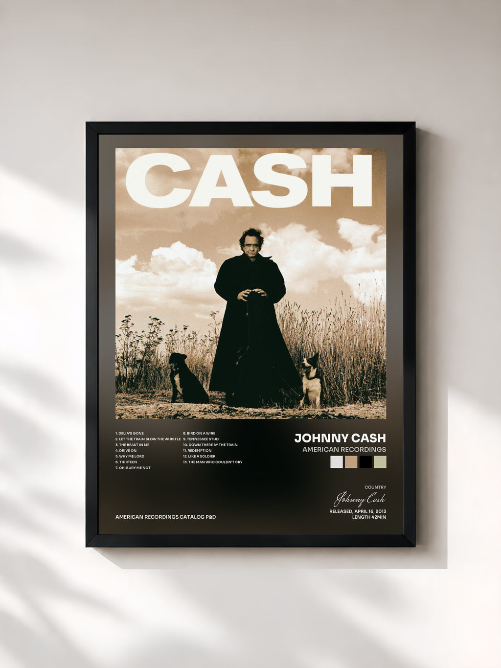 #noir Tableau de l'album American Recordings de Johnny Cash, cadre noir, imprimé et encadré en France