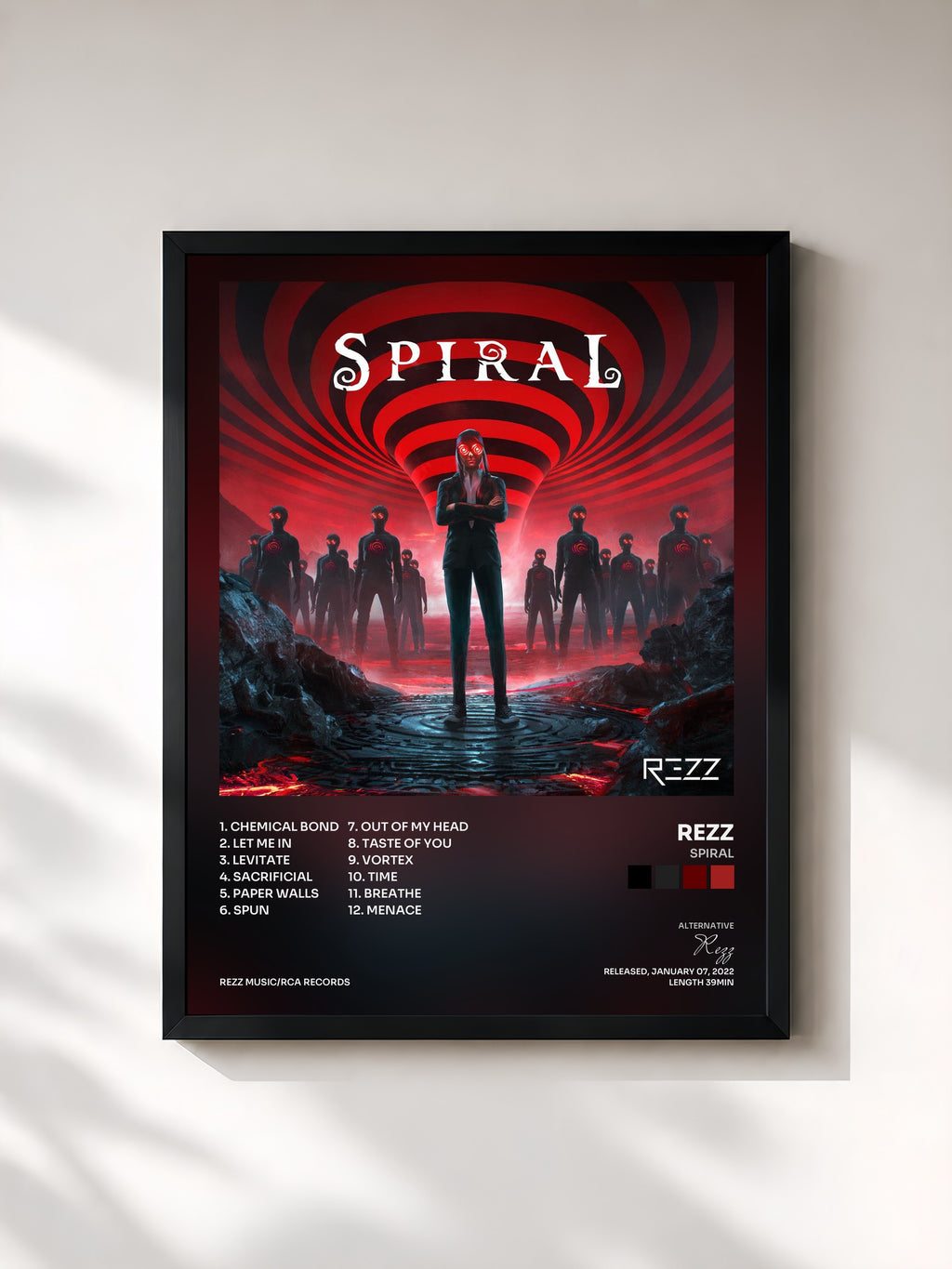 #noir Tableau de l'album Spiral de Rezz, cadre noir, imprimé et encadré en France