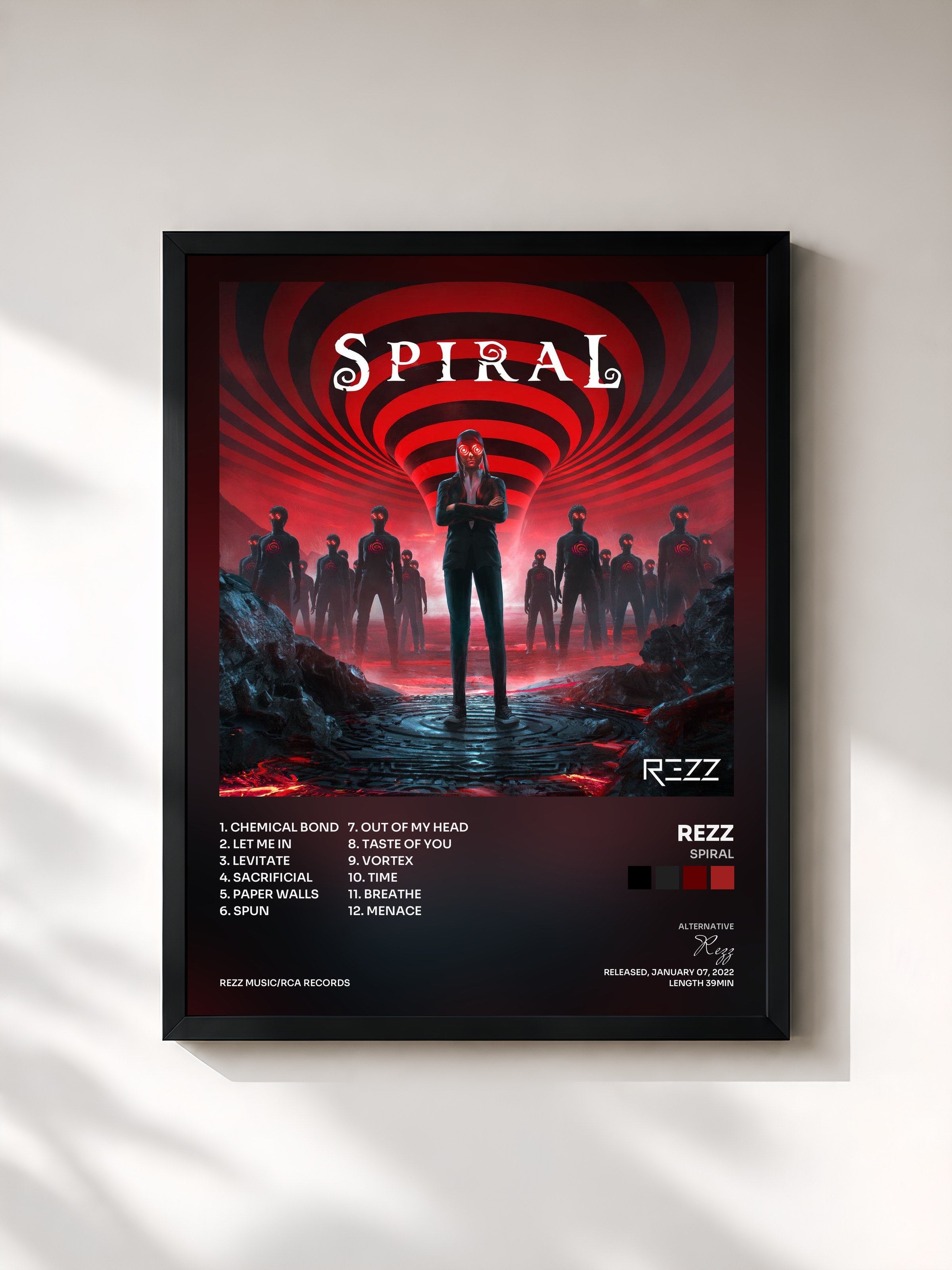 #noir Tableau de l'album Spiral de Rezz, cadre noir, imprimé et encadré en France