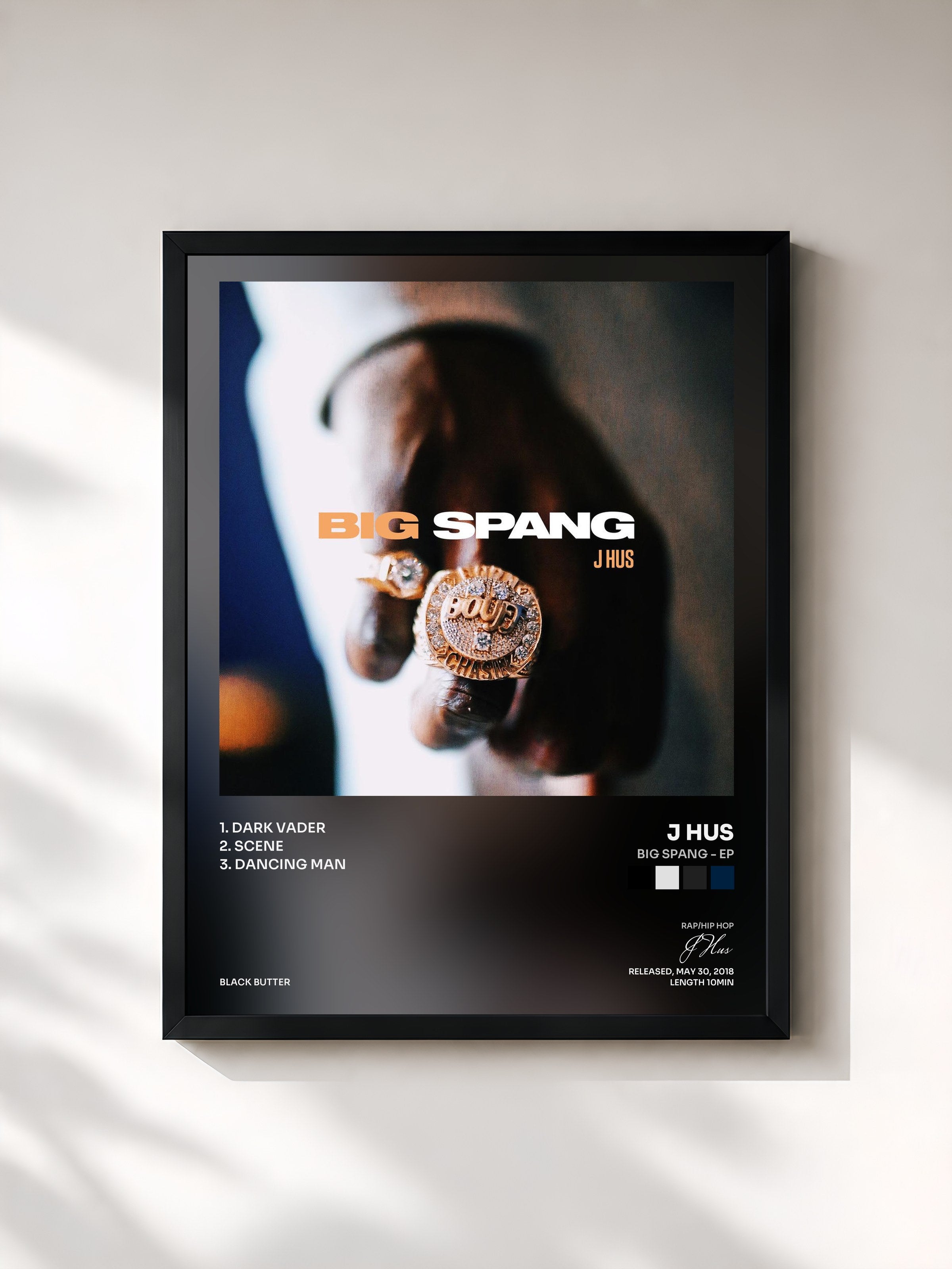 #noir Tableau de l'album Big Spang - EP de J Hus, cadre noir, imprimé et encadré en France