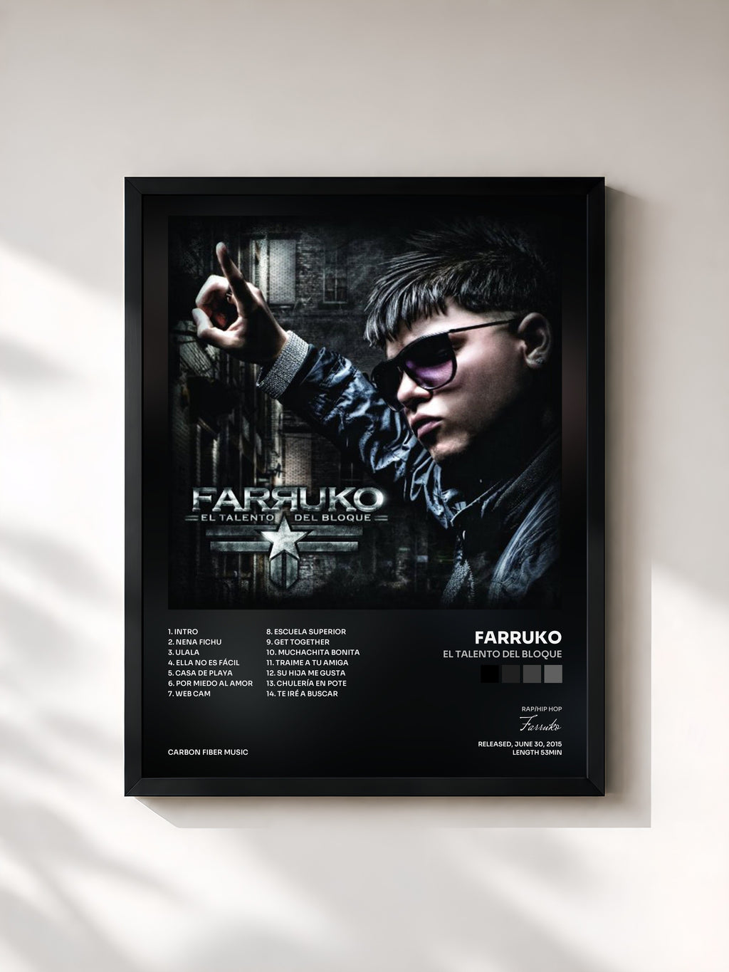 #noir Tableau de l'album El Talento del Bloque de Farruko, cadre noir, imprimé et encadré en France