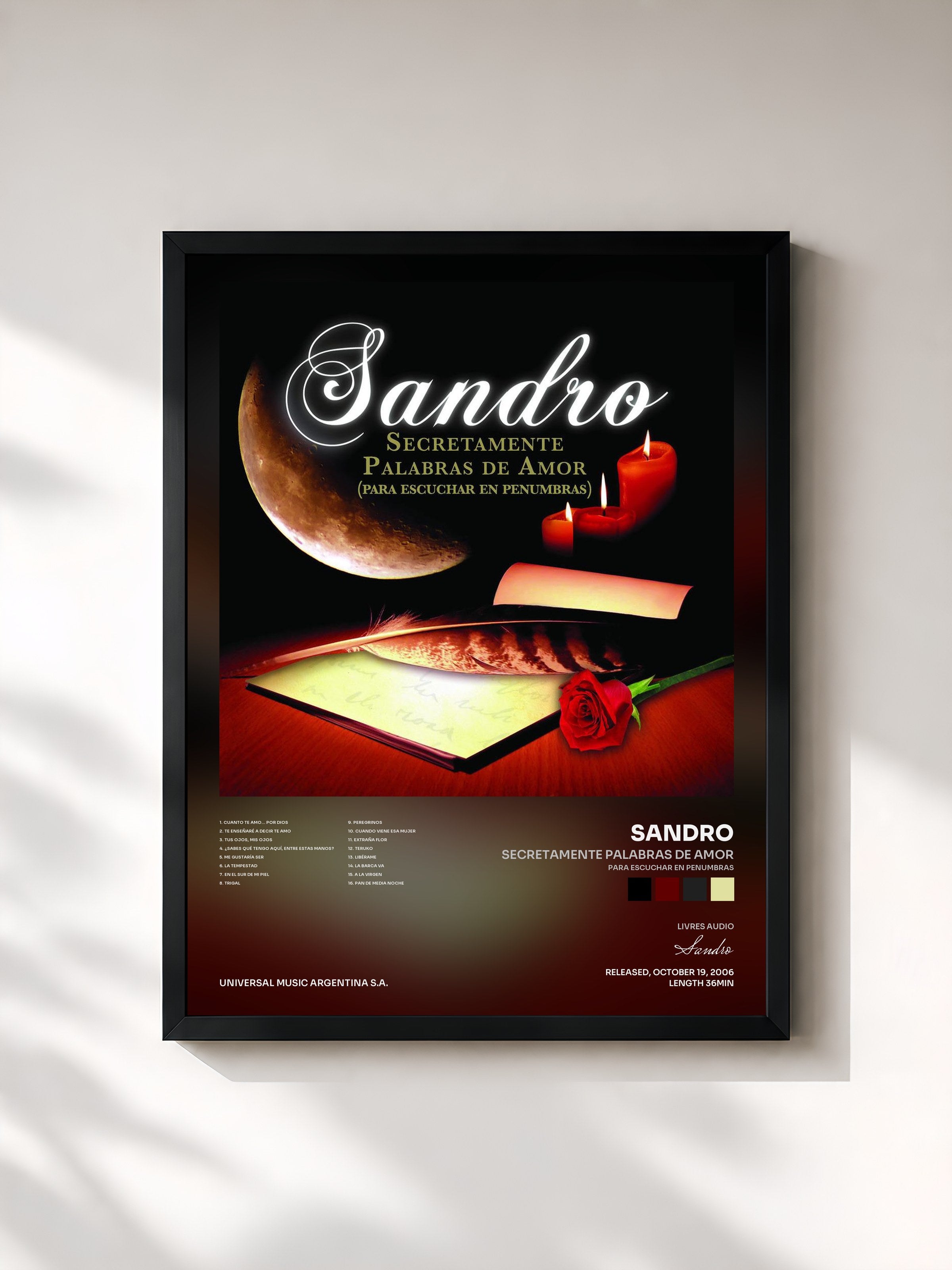 #noir Tableau de l'album Secretamente Palabras De Amor (Para Escuchar En Penumbras) de Sandro, cadre noir, imprimé et encadré en France