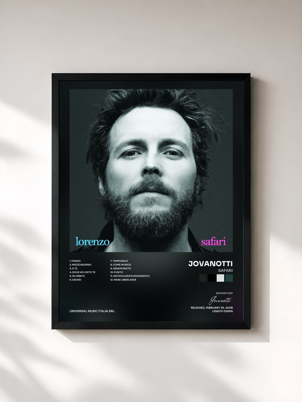 #noir Tableau de l'album Safari de Jovanotti, cadre noir, imprimé et encadré en France