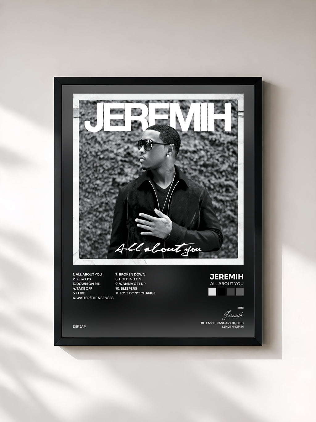 #noir Tableau de l'album All About You de Jeremih, cadre noir, imprimé et encadré en France