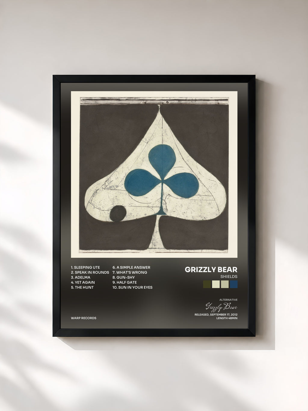 #noir Tableau de l'album Shields de Grizzly Bear, cadre noir, imprimé et encadré en France