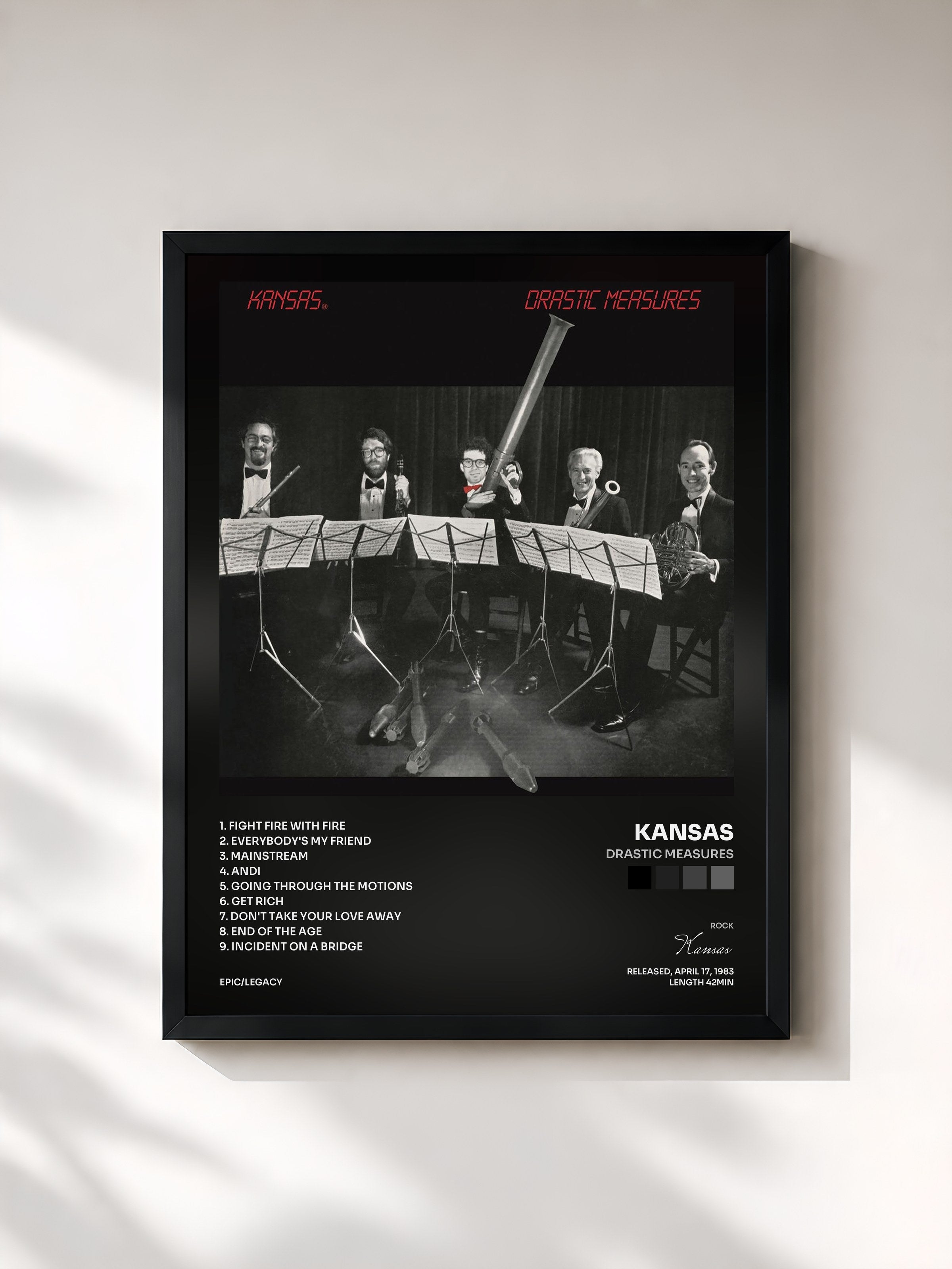 #noir Tableau de l'album Drastic Measures de Kansas, cadre noir, imprimé et encadré en France