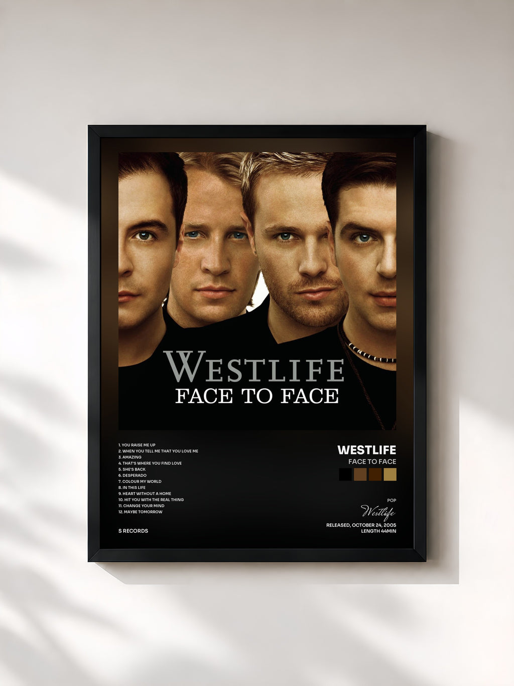 #noir Tableau de l'album Face To Face de Westlife, cadre noir, imprimé et encadré en France