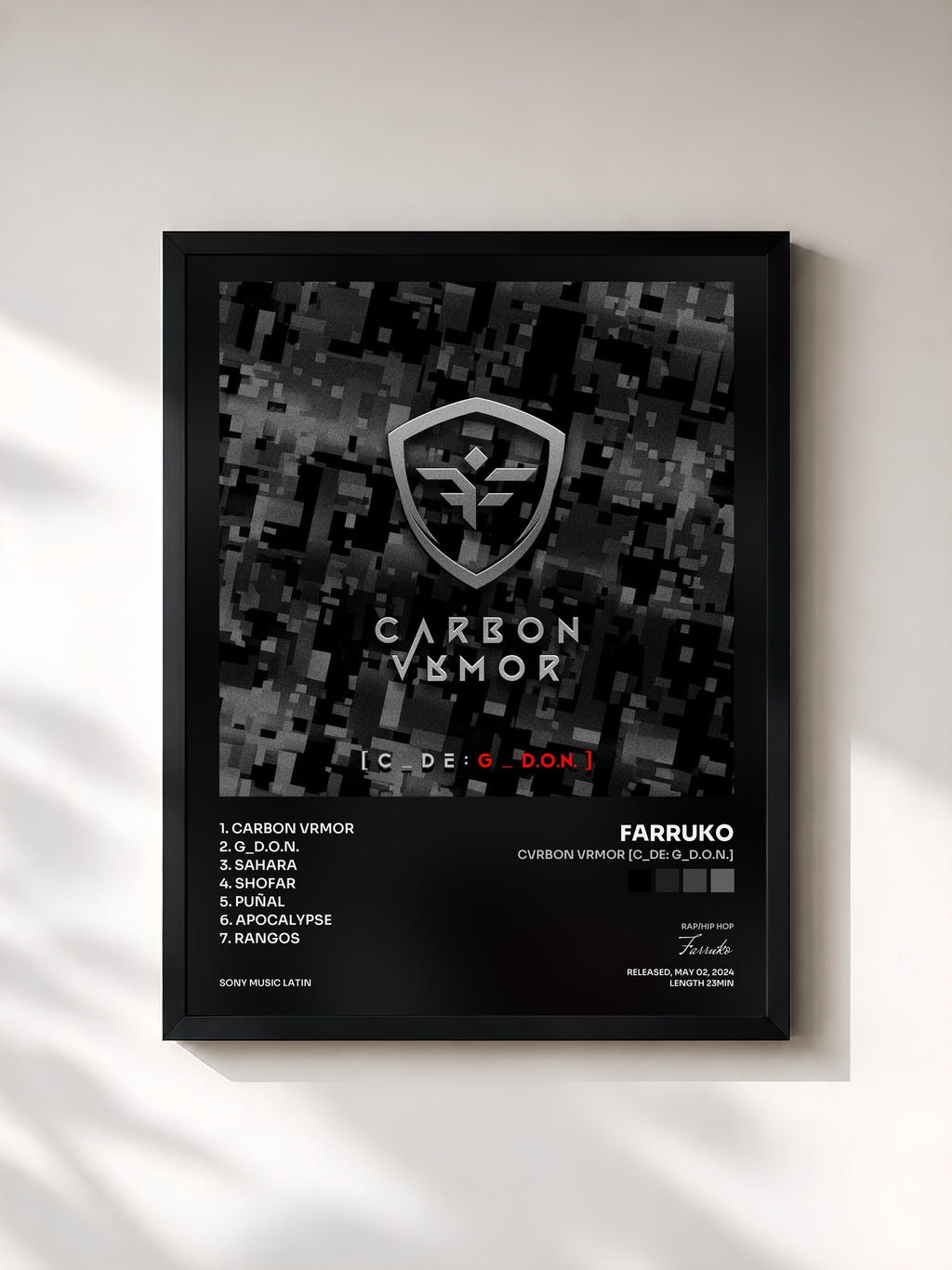 #noir Tableau de l'album CVRBON VRMOR [C_DE: G_D.O.N.] de Farruko, cadre noir, imprimé et encadré en France