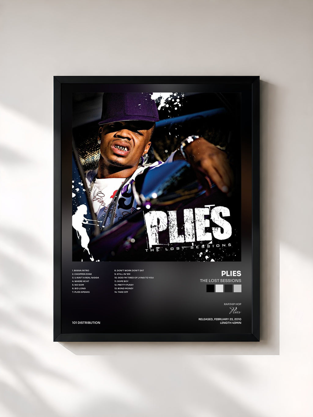 #noir Tableau de l'album The Lost Sessions de Plies, cadre noir, imprimé et encadré en France