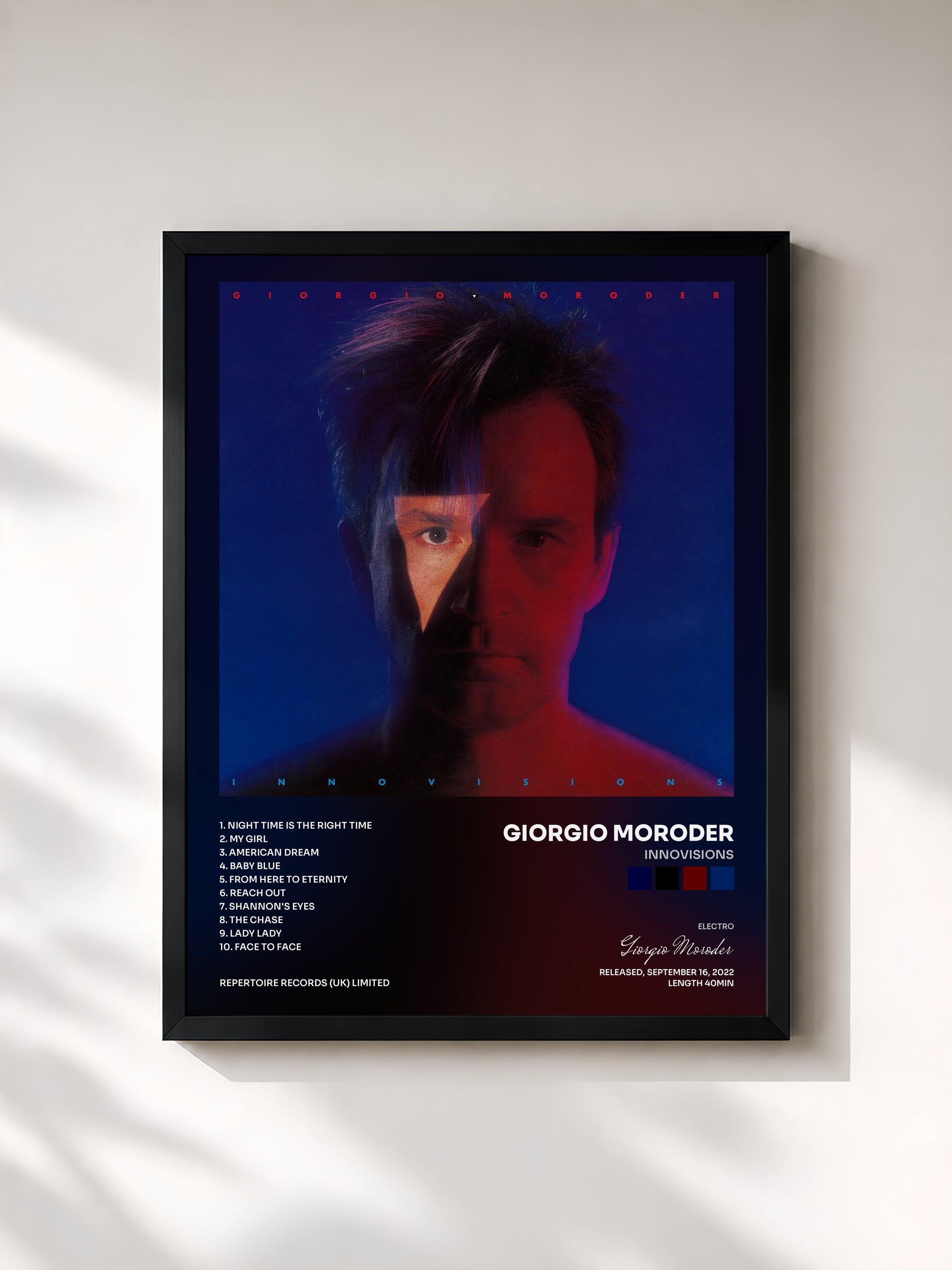 #noir Tableau de l'album Innovisions de Giorgio Moroder, cadre noir, imprimé et encadré en France
