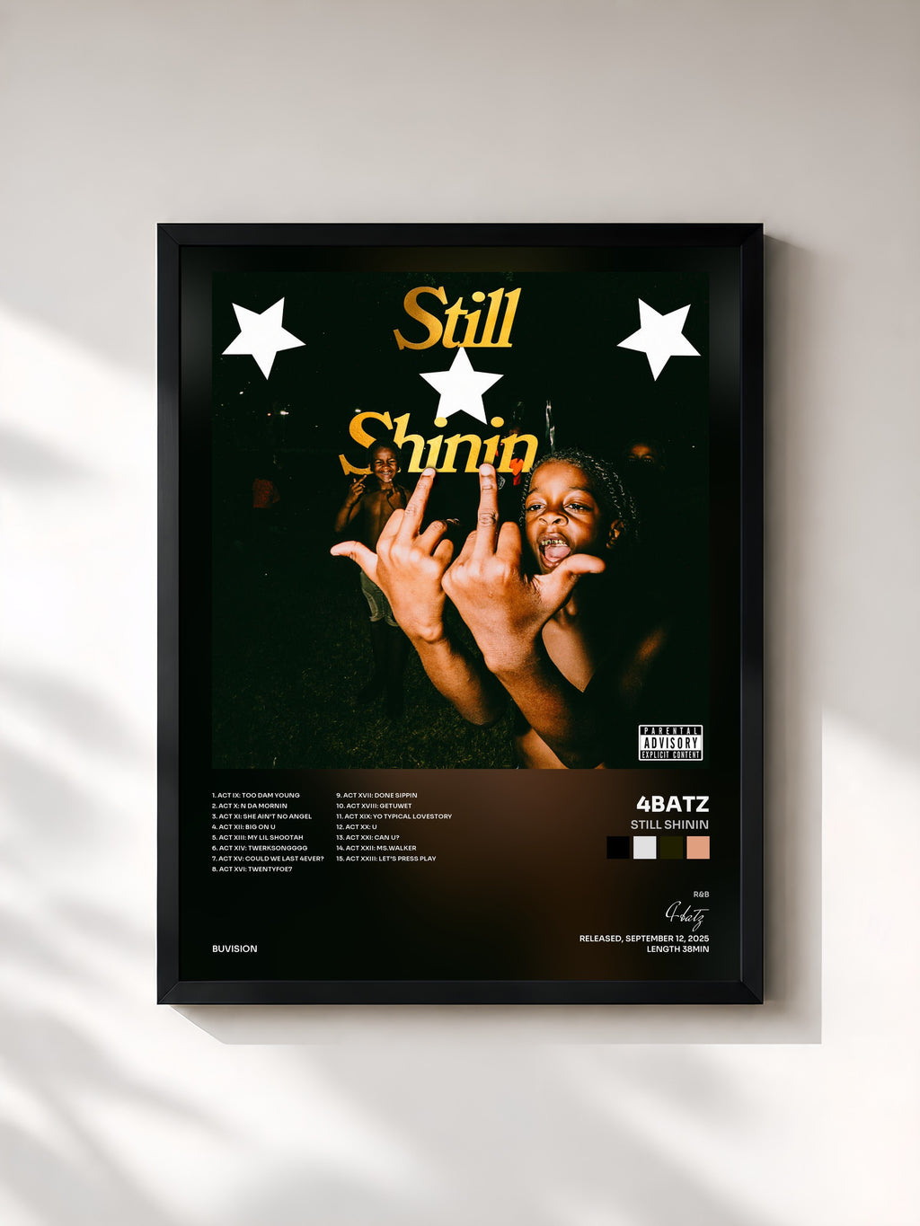 #noir Tableau de l'album Still Shinin de 4batz, cadre noir, imprimé et encadré en France