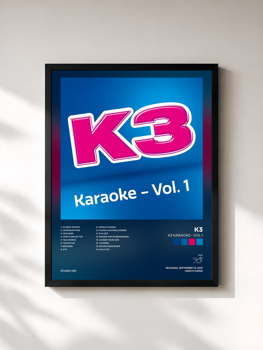 #noir Tableau de l'album K3 karaoke - Vol 1 de K3, cadre noir, imprimé et encadré en France