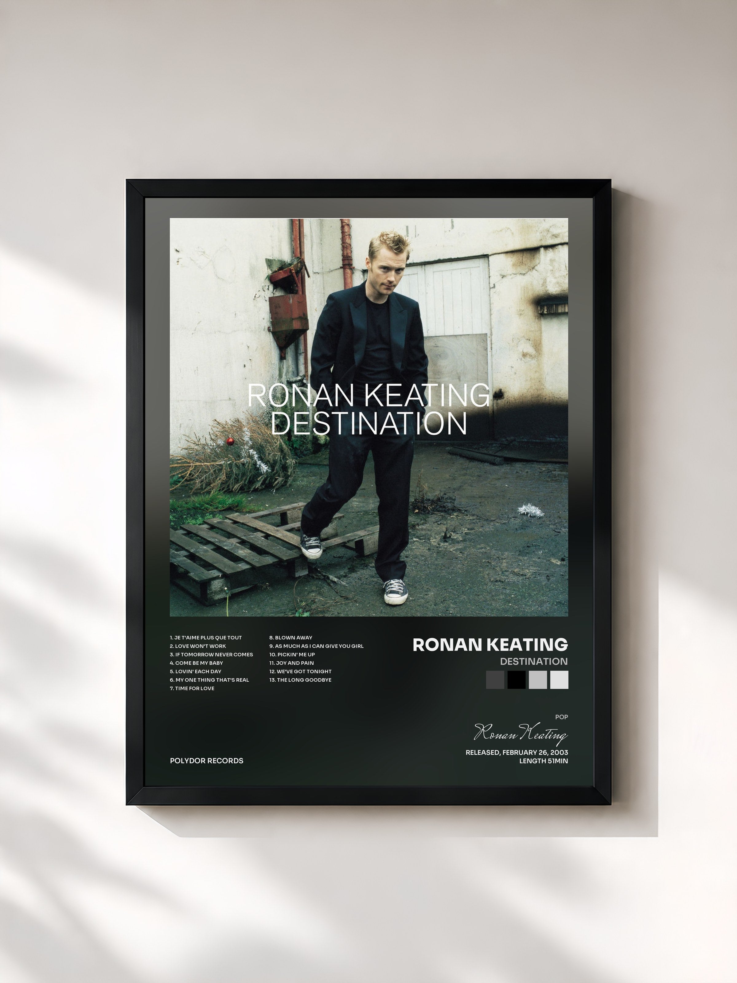 #noir Tableau de l'album Destination de Ronan Keating, cadre noir, imprimé et encadré en France