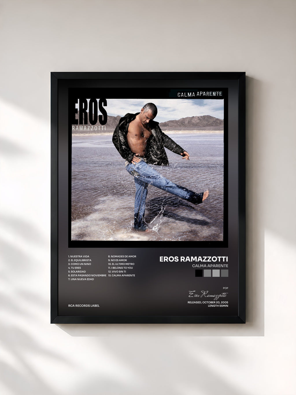 #noir Tableau de l'album Calma Aparente de Eros Ramazzotti, cadre noir, imprimé et encadré en France