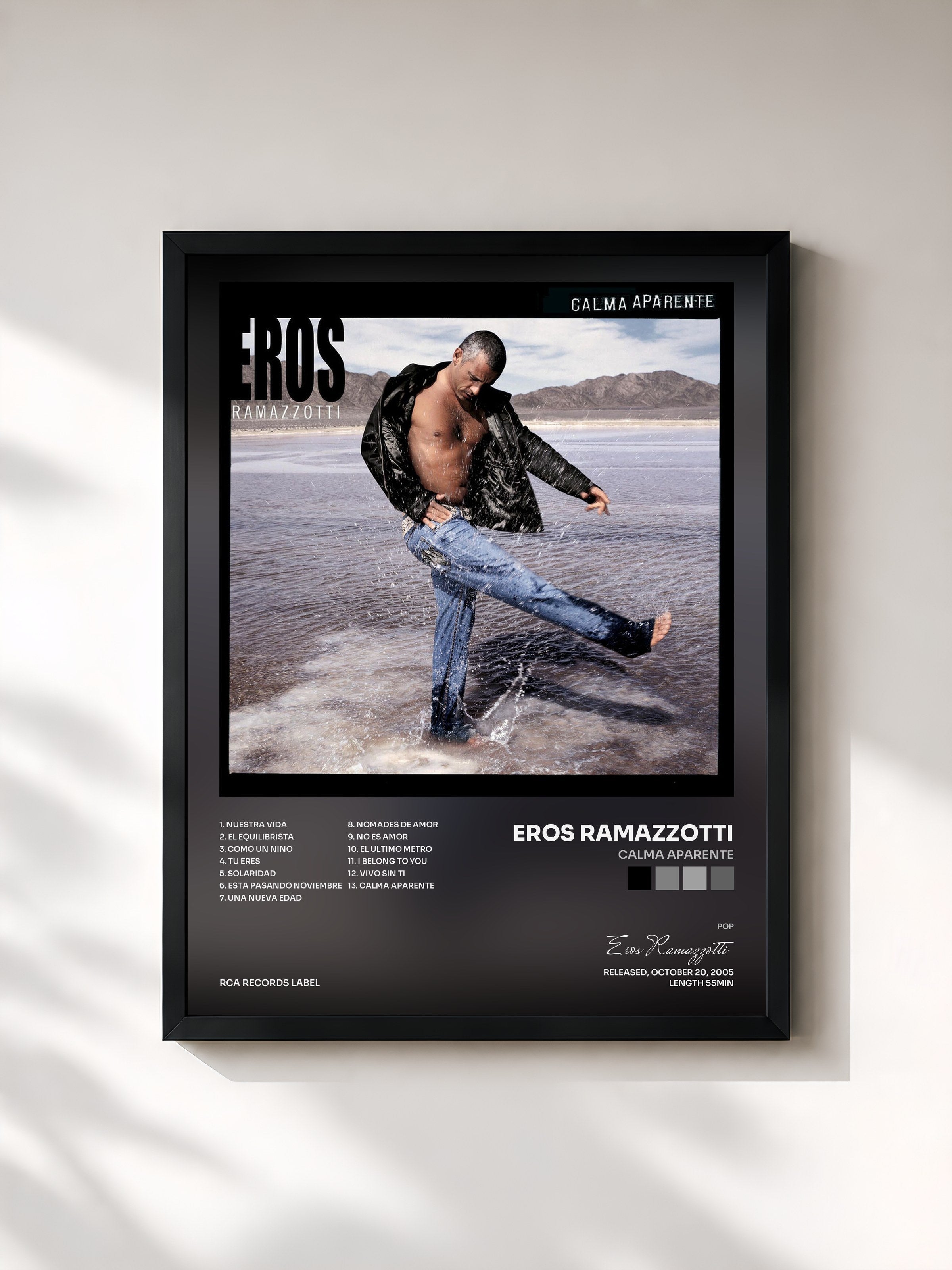 #noir Tableau de l'album Calma Aparente de Eros Ramazzotti, cadre noir, imprimé et encadré en France