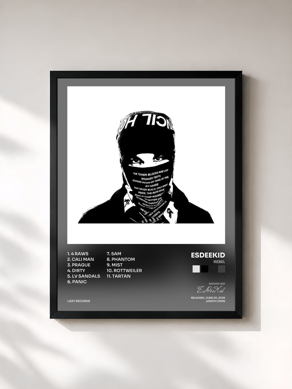 #noir Tableau de l'album Rebel de EsDeeKid, cadre noir, imprimé et encadré en France