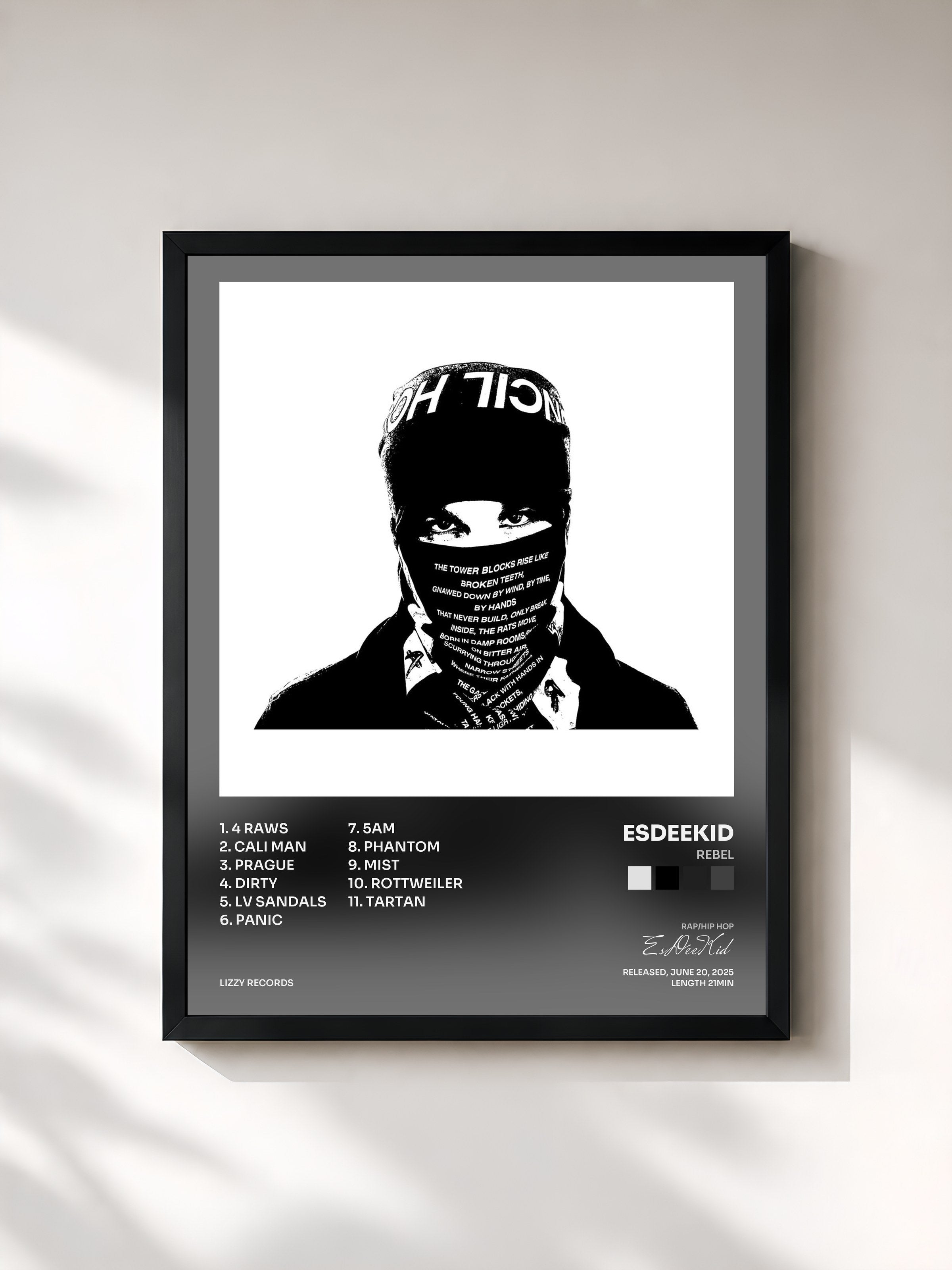 #noir Tableau de l'album Rebel de EsDeeKid, cadre noir, imprimé et encadré en France