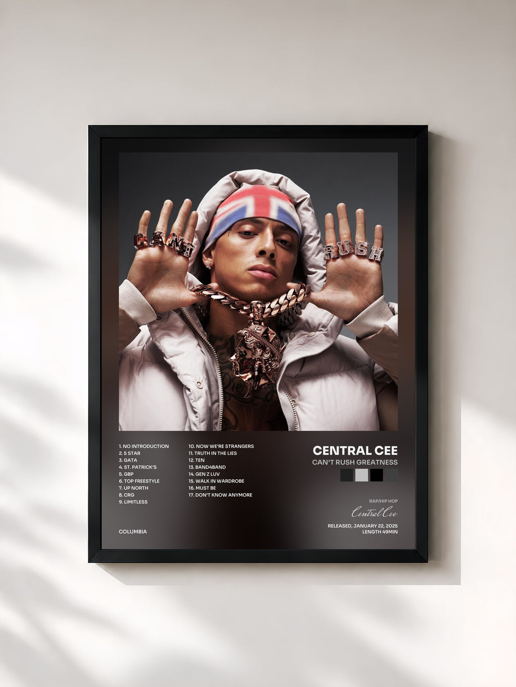 #noir Tableau de l'album CAN'T RUSH GREATNESS de Central Cee, cadre noir, imprimé et encadré en France