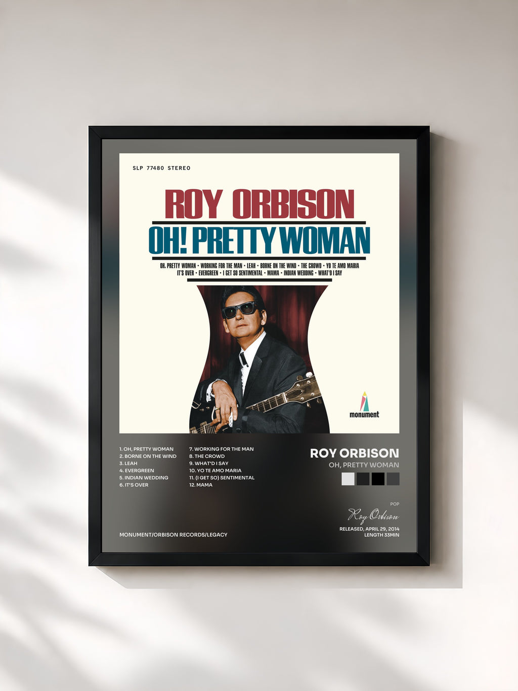 #noir Tableau de l'album Oh, Pretty Woman de Roy Orbison, cadre noir, imprimé et encadré en France