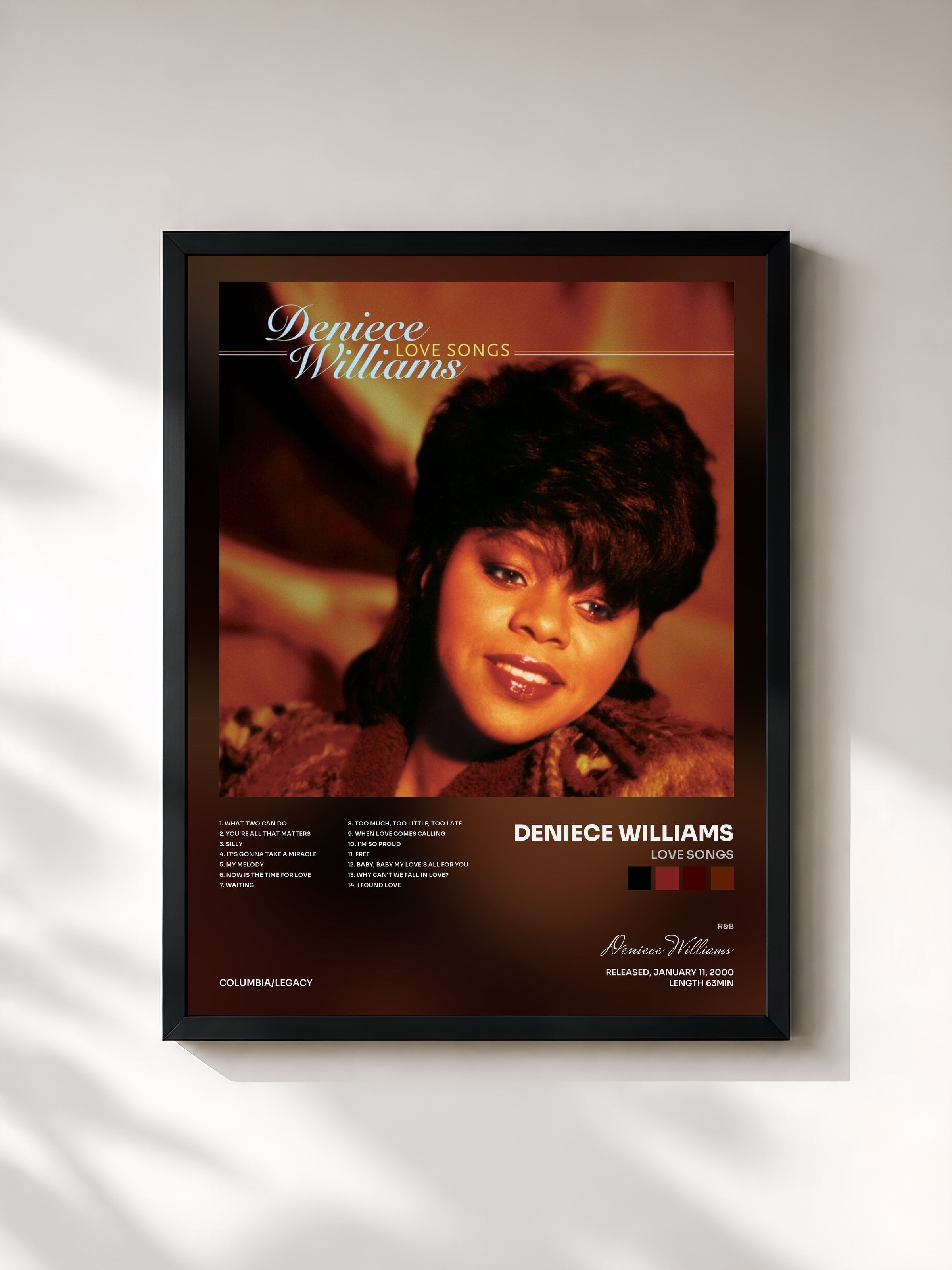 #noir Tableau de l'album Love Songs de Deniece Williams, cadre noir, imprimé et encadré en France