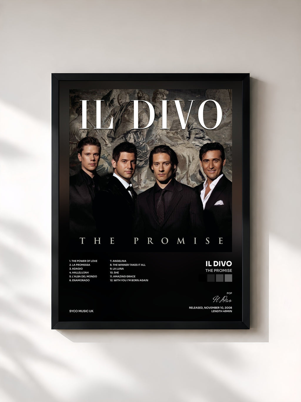 #noir Tableau de l'album The Promise de Il Divo, cadre noir, imprimé et encadré en France