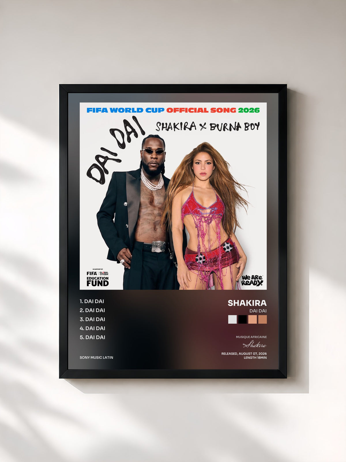 #noir Tableau de l'album Dai Dai de Shakira, cadre noir, imprimé et encadré en France